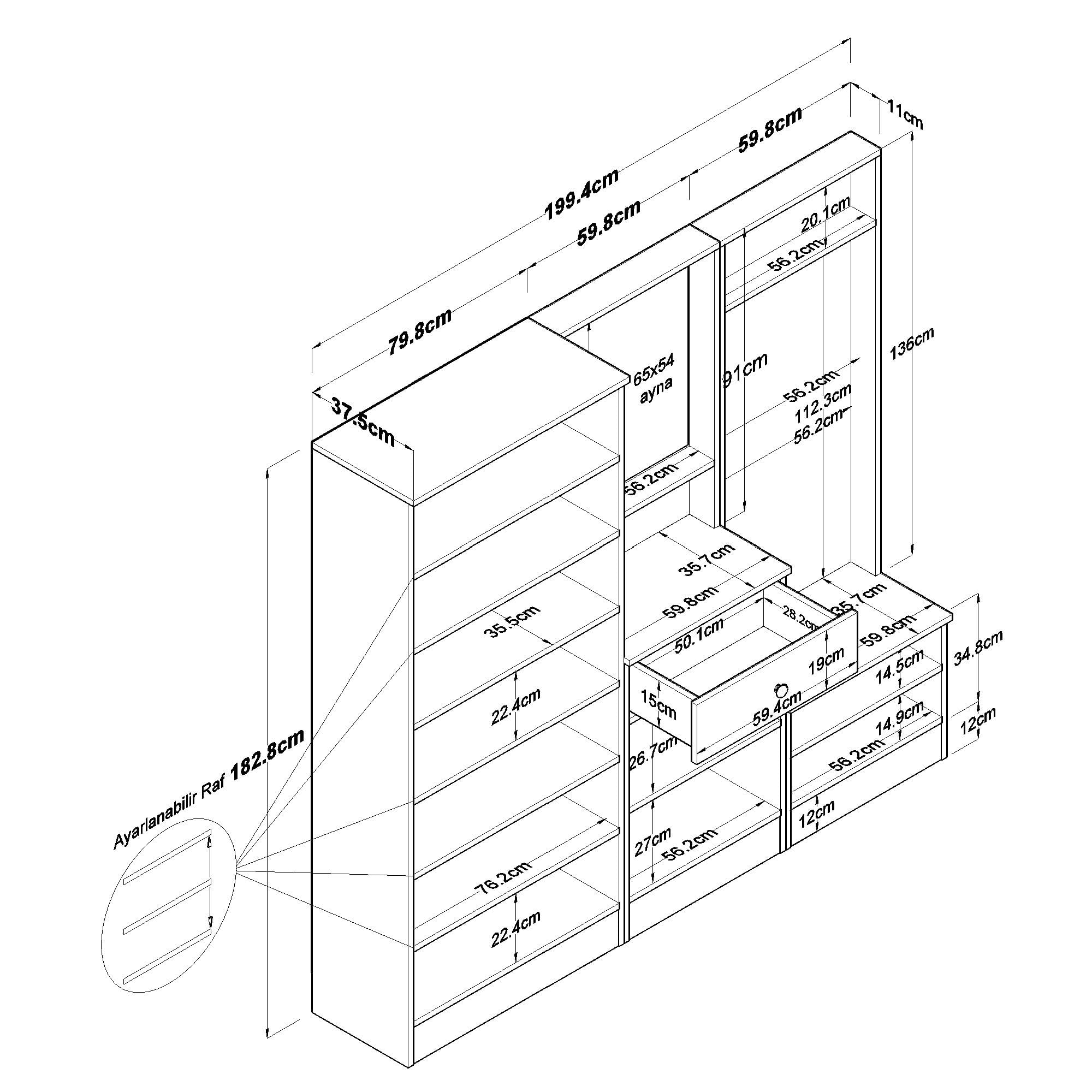 Cuier hol EA152, 199,4 x 182,2 x 37,5 cm, alb, PAL, spatiu de depozitare, fixare pe perete