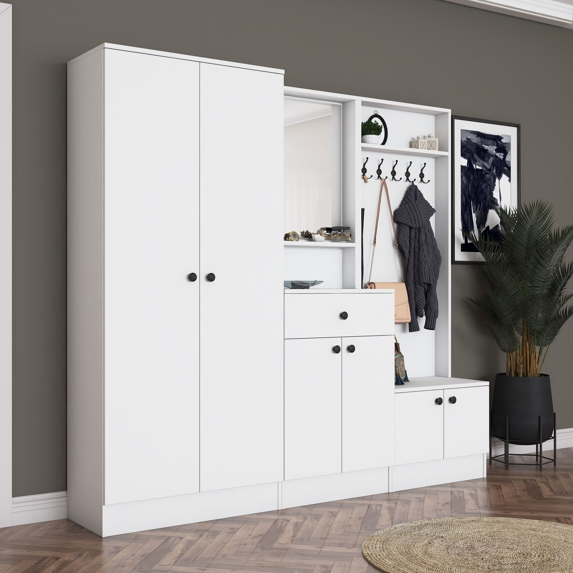 Cuier hol EA152, 199,4 x 182,2 x 37,5 cm, alb, PAL, spatiu de depozitare, fixare pe perete — imaginea 2