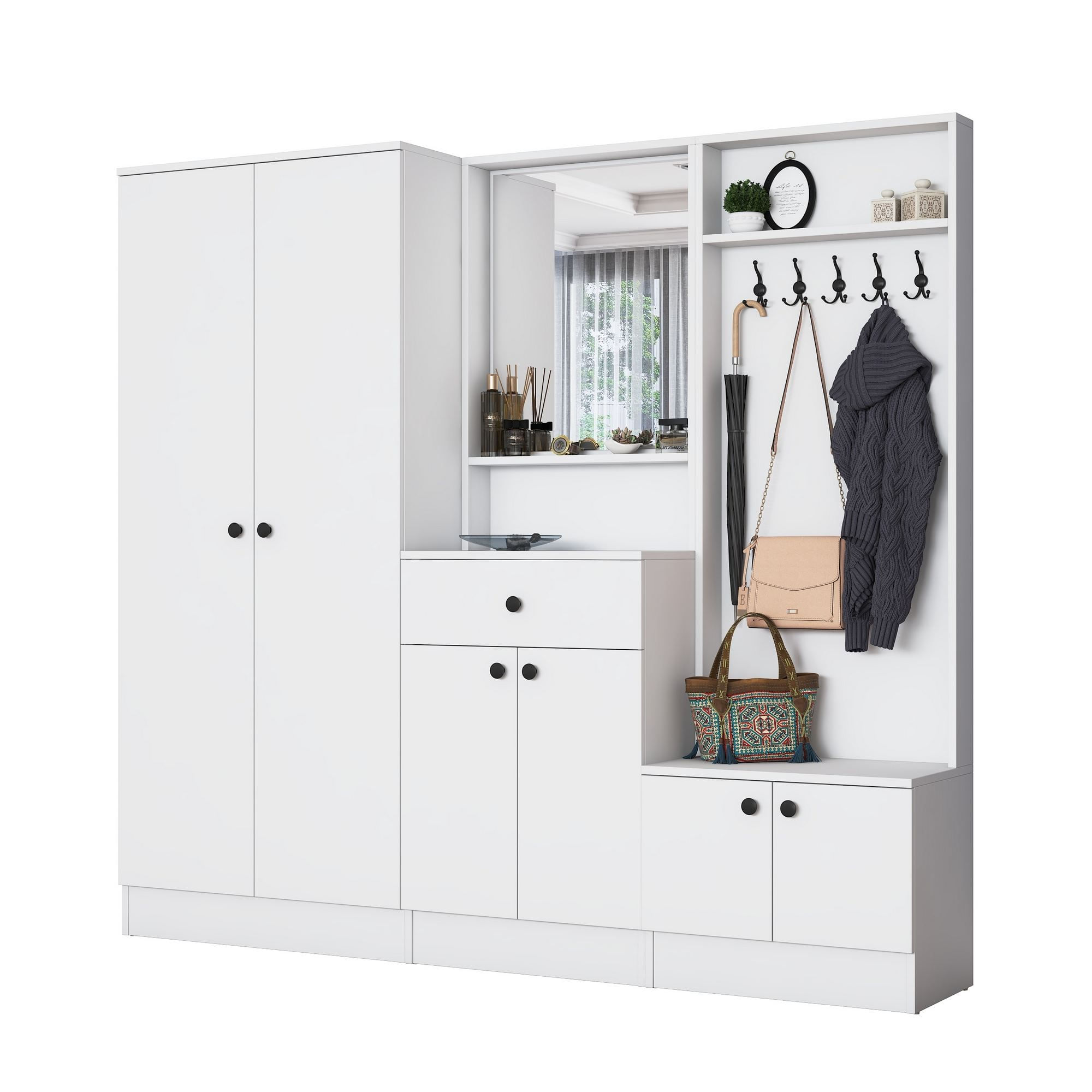 Cuier hol EA152, 199,4 x 182,2 x 37,5 cm, alb, PAL, spatiu de depozitare, fixare pe perete — imaginea 3