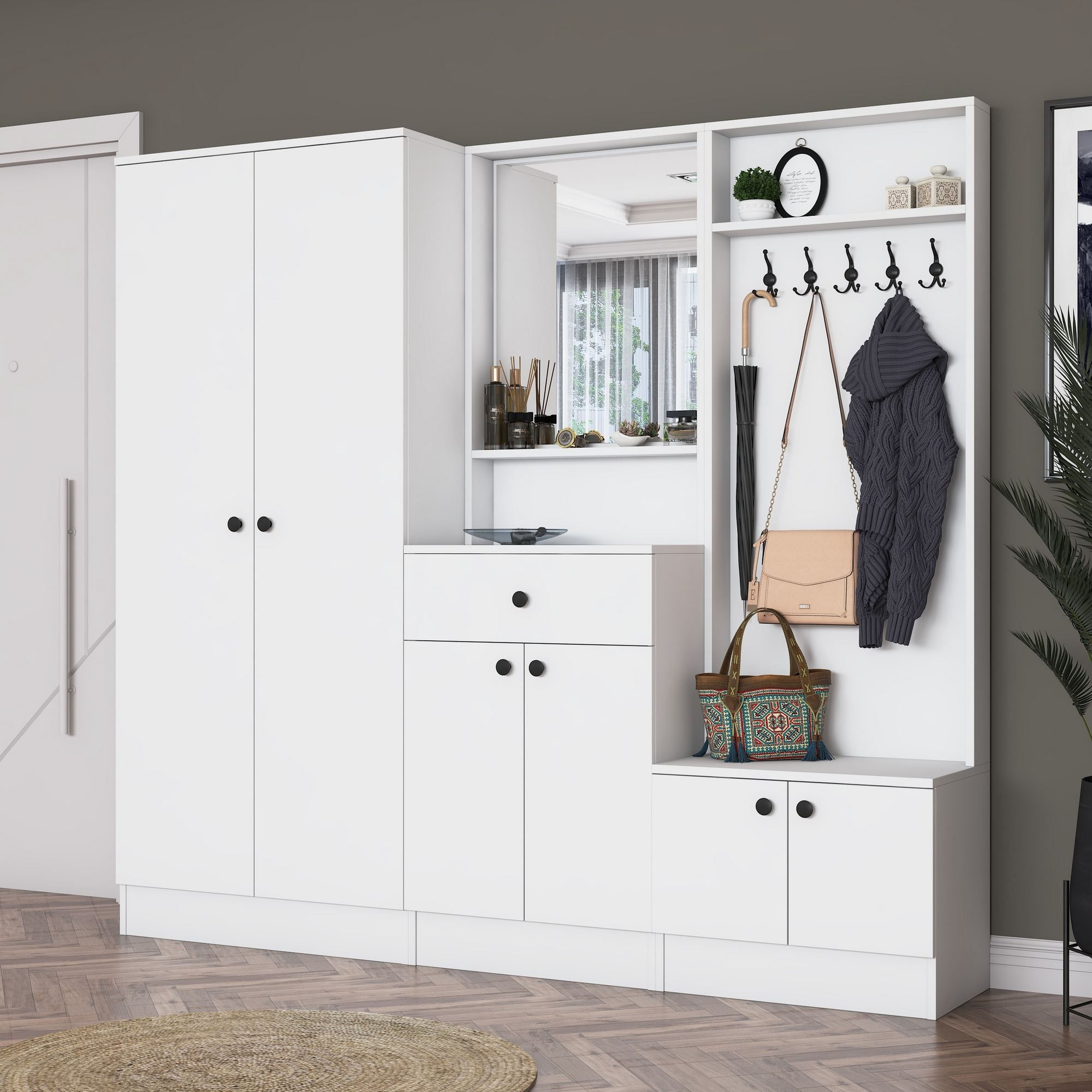 Cuier hol EA152, 199,4 x 182,2 x 37,5 cm, alb, PAL, spatiu de depozitare, fixare pe perete — imaginea 11