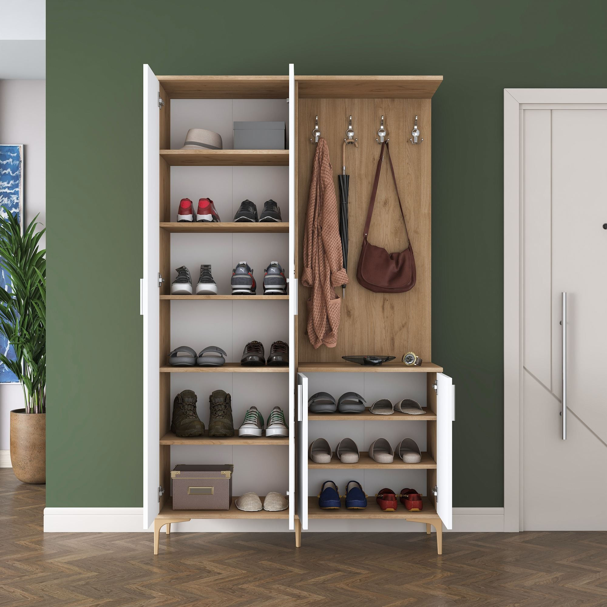 Cuier hol EA147, 120 x 198,6 x 37,5 cm, nuc alb, PAL, spatiu de depozitare, fixare pe perete — imaginea 5
