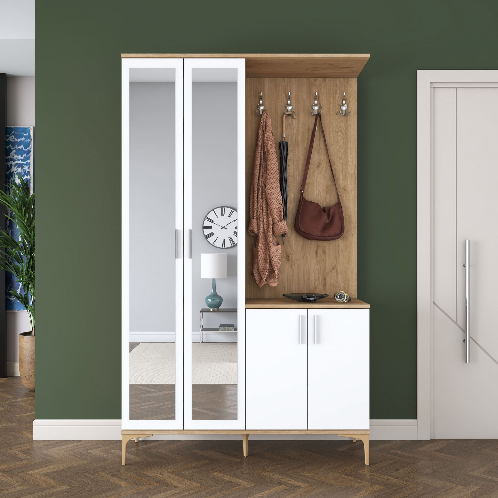 Cuier hol EA147, 120 x 198,6 x 37,5 cm, nuc alb, PAL, spatiu de depozitare, fixare pe perete — imaginea 9