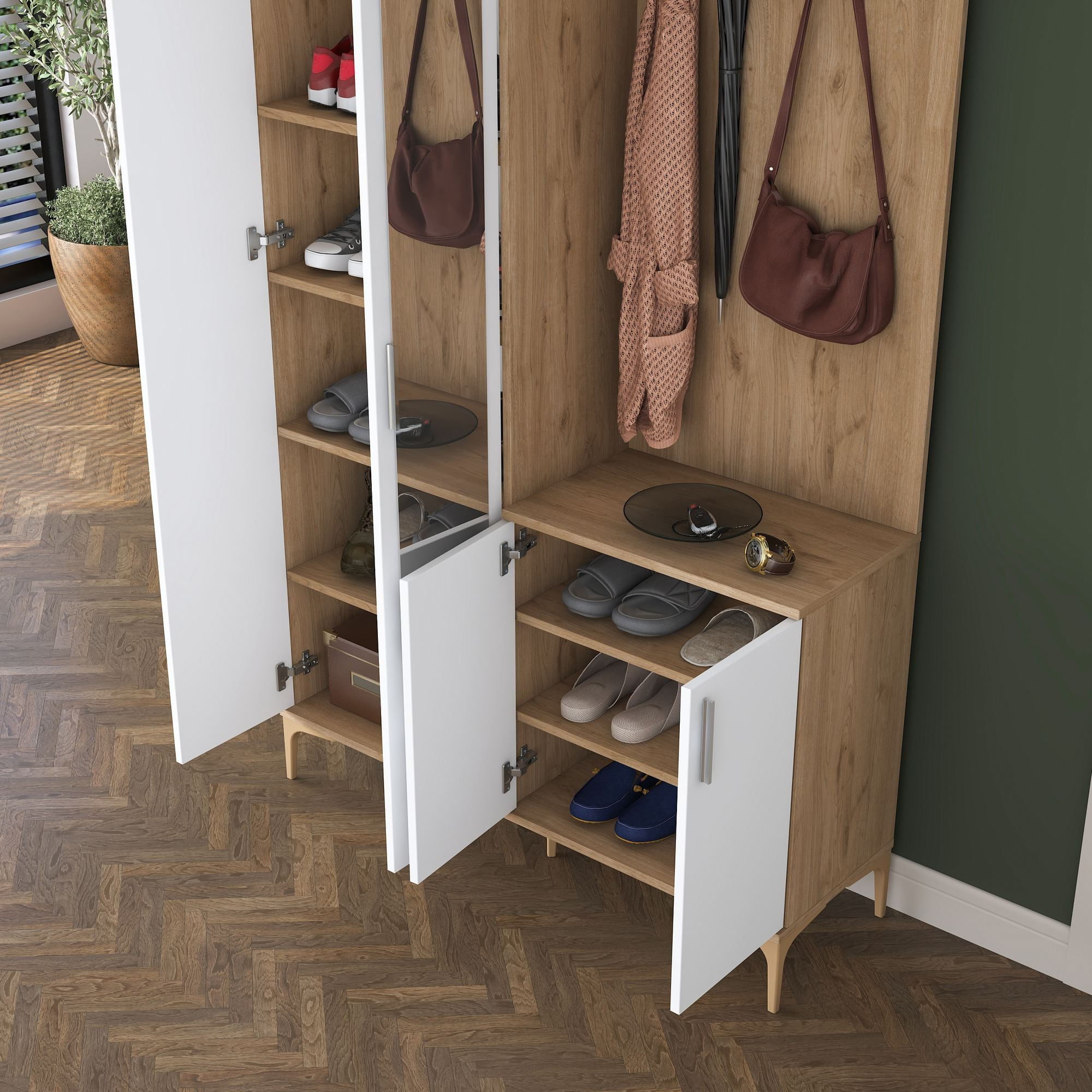 Cuier hol EA147, 120 x 198,6 x 37,5 cm, nuc alb, PAL, spatiu de depozitare, fixare pe perete — imaginea 11