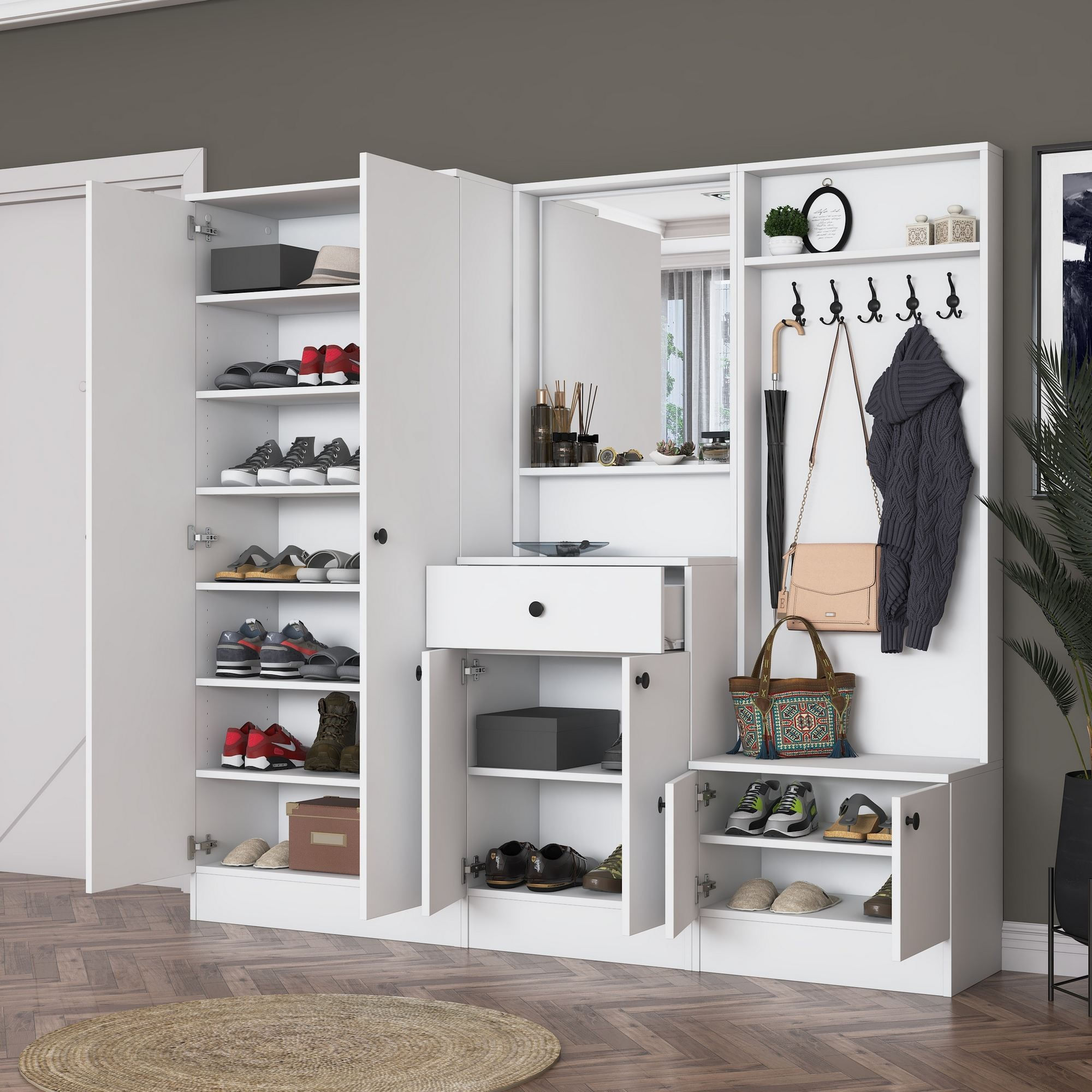 Cuier hol EA152, 199,4 x 182,2 x 37,5 cm, alb, PAL, spatiu de depozitare, fixare pe perete — imaginea 12