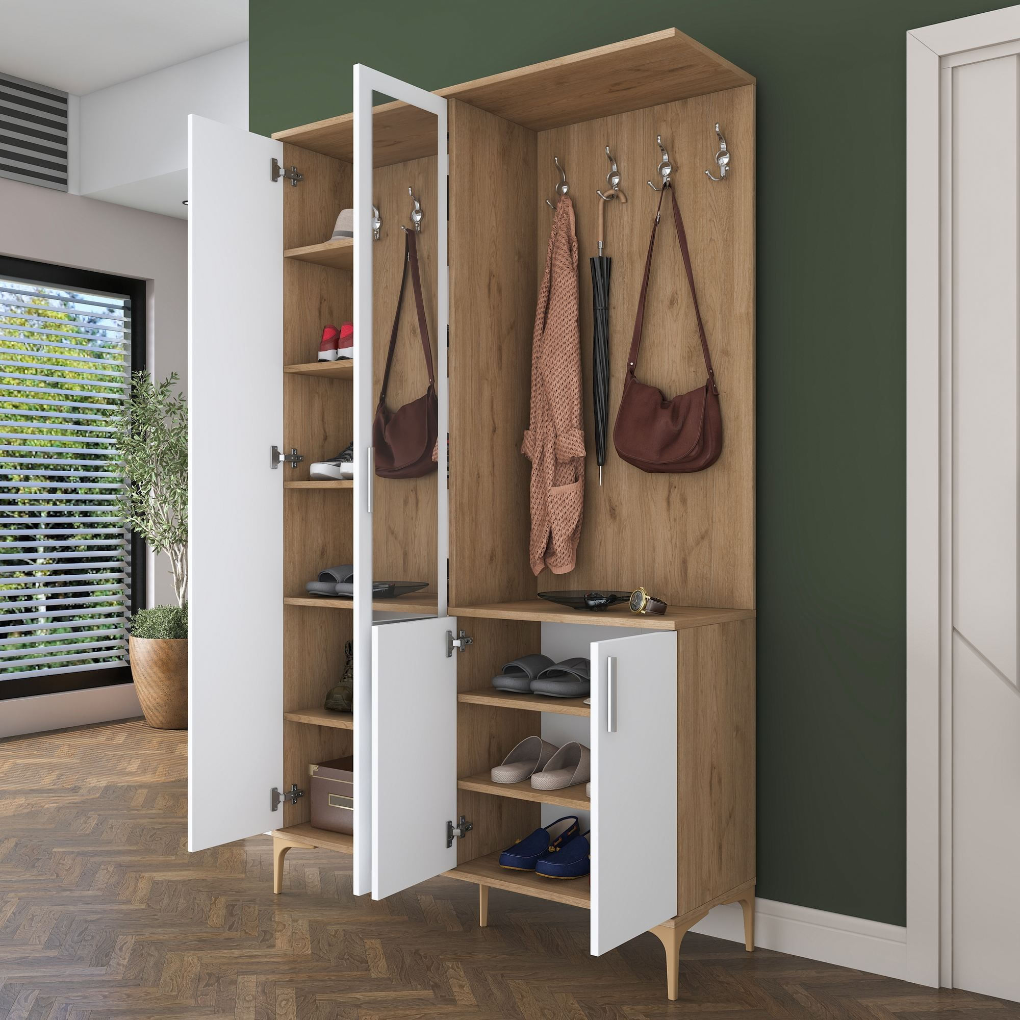 Cuier hol EA147, 120 x 198,6 x 37,5 cm, nuc alb, PAL, spatiu de depozitare, fixare pe perete — imaginea 13