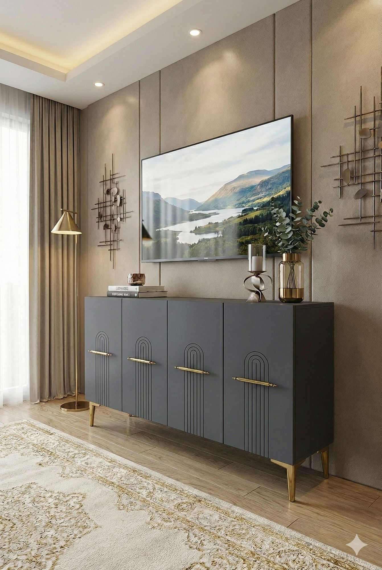 Consola Ida 120, 120 x 79 x 32 cm, antracit auriu, PAL melaminat, spatiu de depozitare, fixare pe perete, antracit / gold — imaginea 4