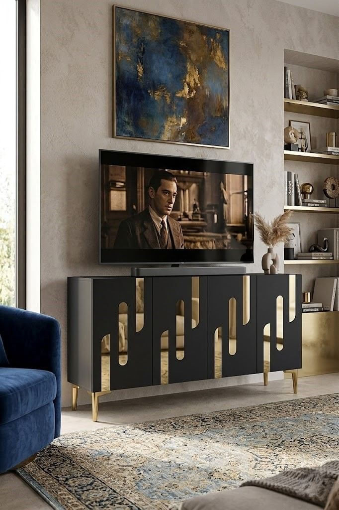 Consola Ece 120, 120 x 75 x 32 cm, antracit auriu, PAL melaminat, oglinda inclusa, antracit / gold — imaginea 2
