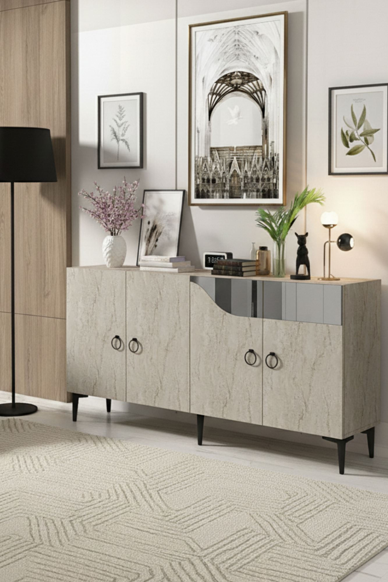 Consola Gama 150, 150 x 75 x 32 cm, alb travertin argintiu, PAL melaminat, spatiu de depozitare, fixare pe perete, alb / travertin / silver — imaginea 3