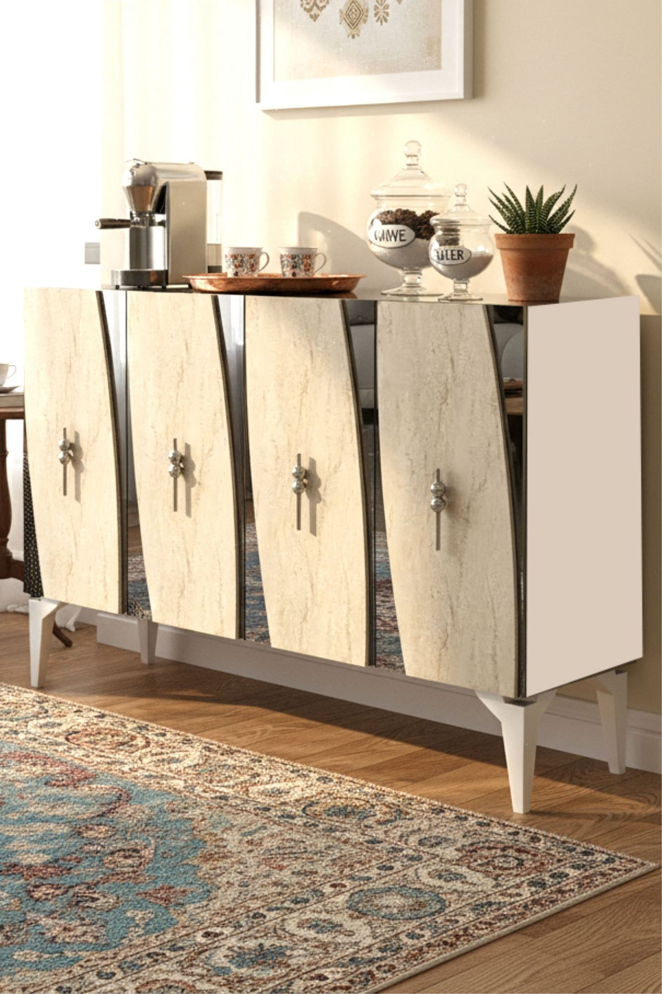 Consola Elips 120, 120 x 75 x 32 cm, alb travertin argintiu, PAL melaminat, oglinda inclusa, alb / travertin / silver — imaginea 2