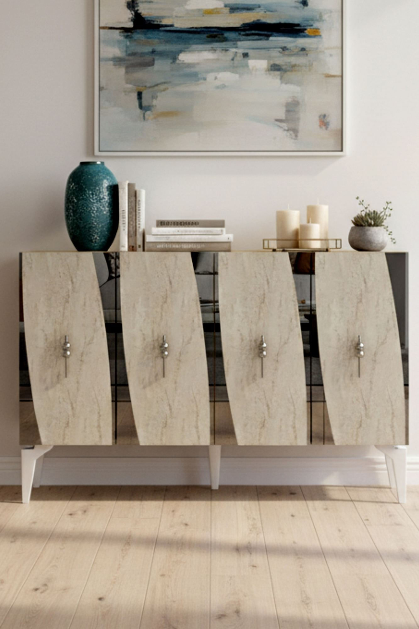 Consola Elips 120, 120 x 75 x 32 cm, alb travertin argintiu, PAL melaminat, oglinda inclusa, alb / travertin / silver — imaginea 5