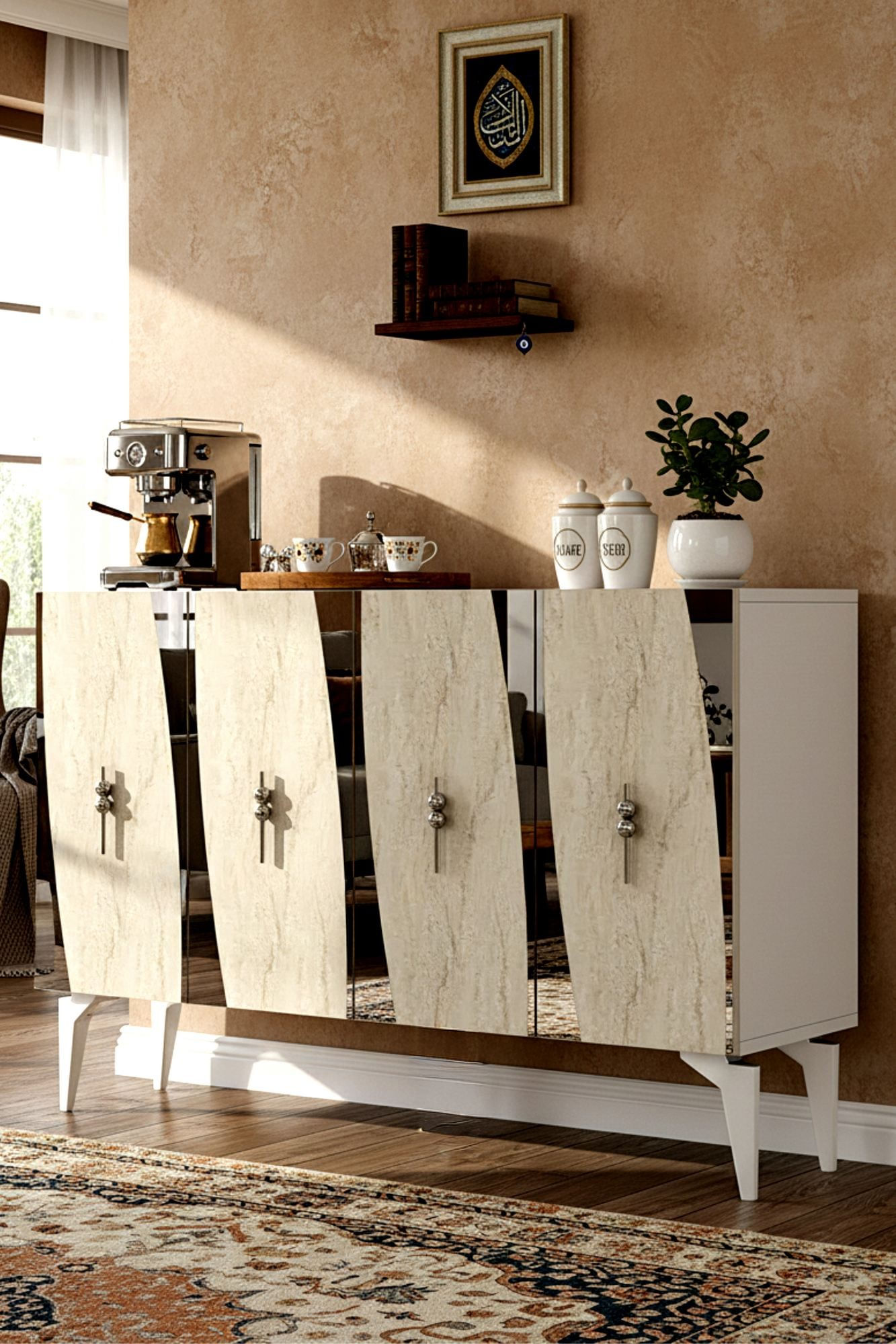 Consola Elips 120, 120 x 75 x 32 cm, alb travertin argintiu, PAL melaminat, oglinda inclusa, alb / travertin / silver — imaginea 7