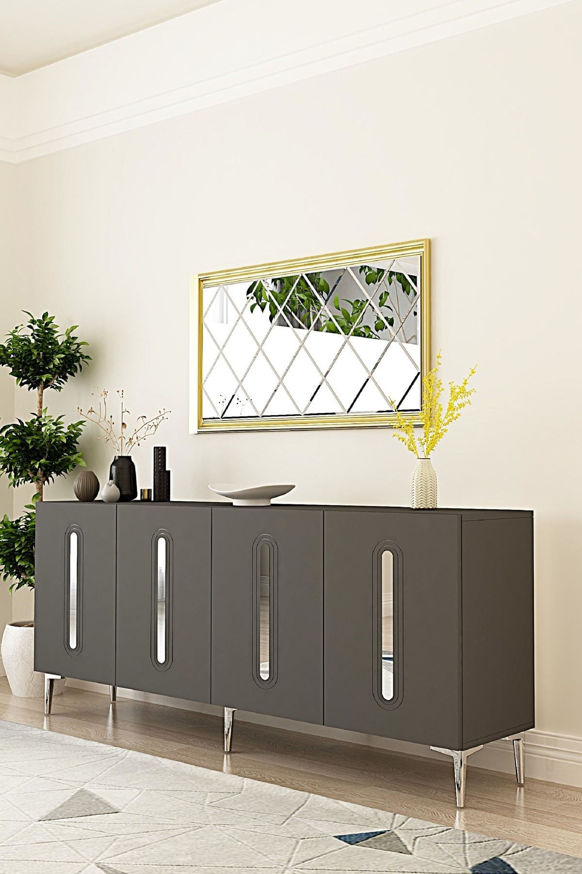 Consola Rany 180, 180 x 75 x 32 cm, antracit argintiu, PAL melaminat, oglinda inclusa, antracit / silver — imaginea 2