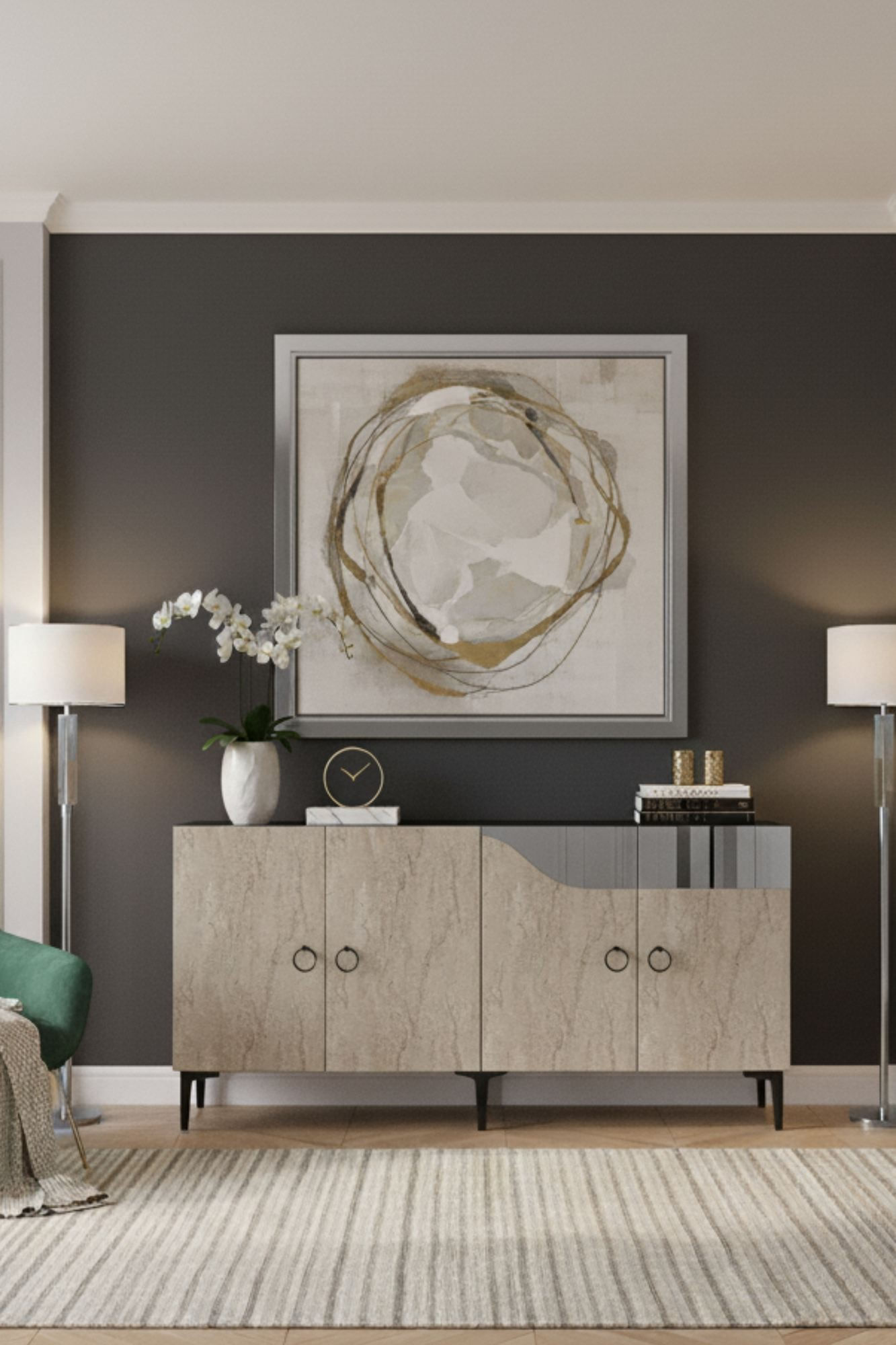 Consola Gama 150, 150 x 75 x 32 cm, alb travertin argintiu, PAL melaminat, spatiu de depozitare, fixare pe perete, alb / travertin / silver — imaginea 6