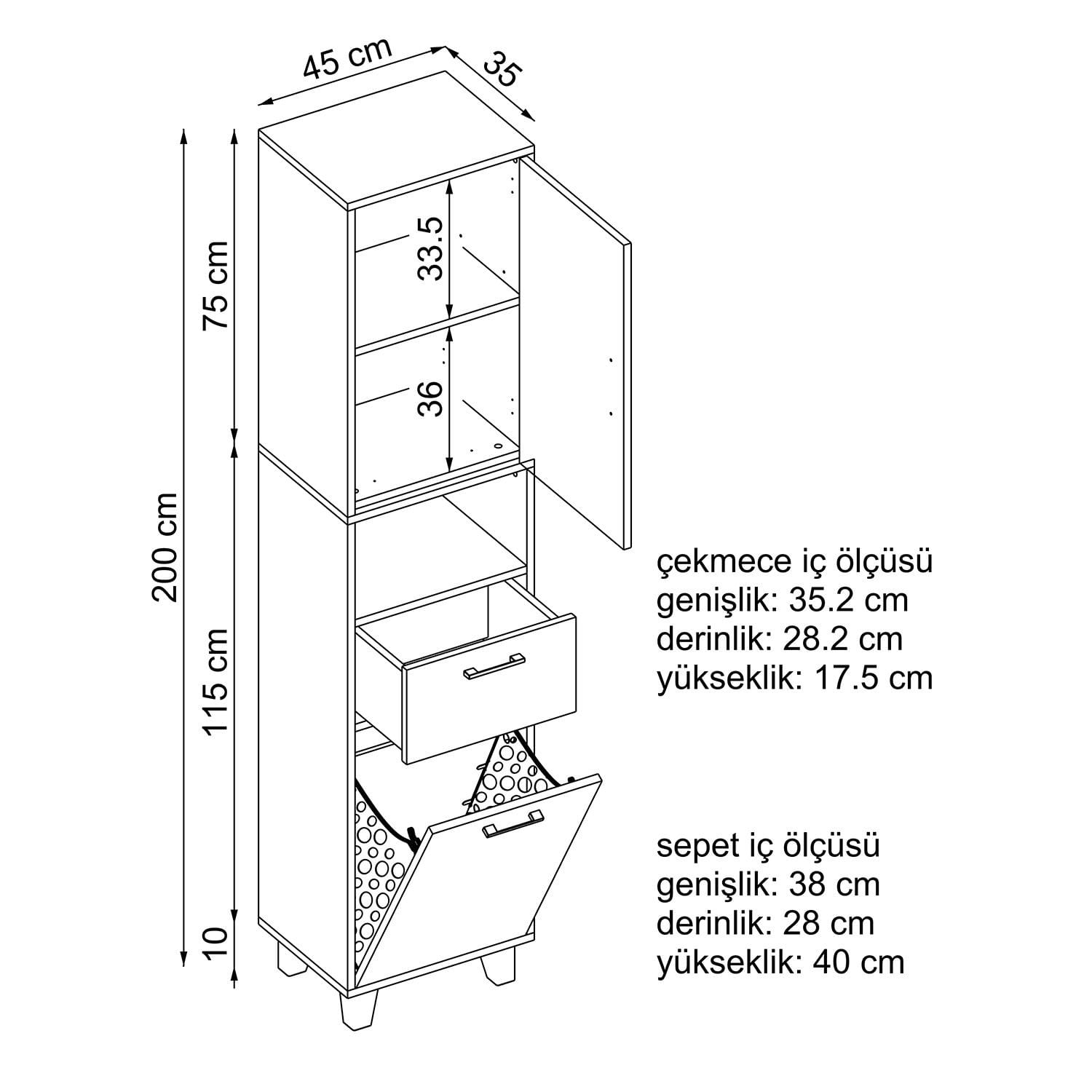 Dulap 2524, 45 x 200 x 35 cm, alb, PAL melaminat, spatiu de depozitare, fixare pe perete — imaginea 3