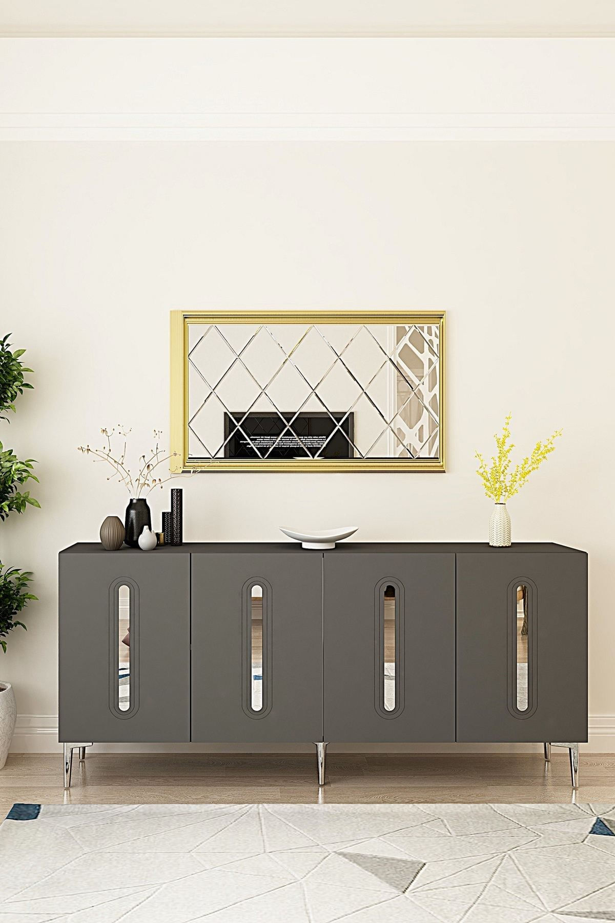 Consola Rany 180, 180 x 75 x 32 cm, antracit argintiu, PAL melaminat, oglinda inclusa, antracit / silver — imaginea 5