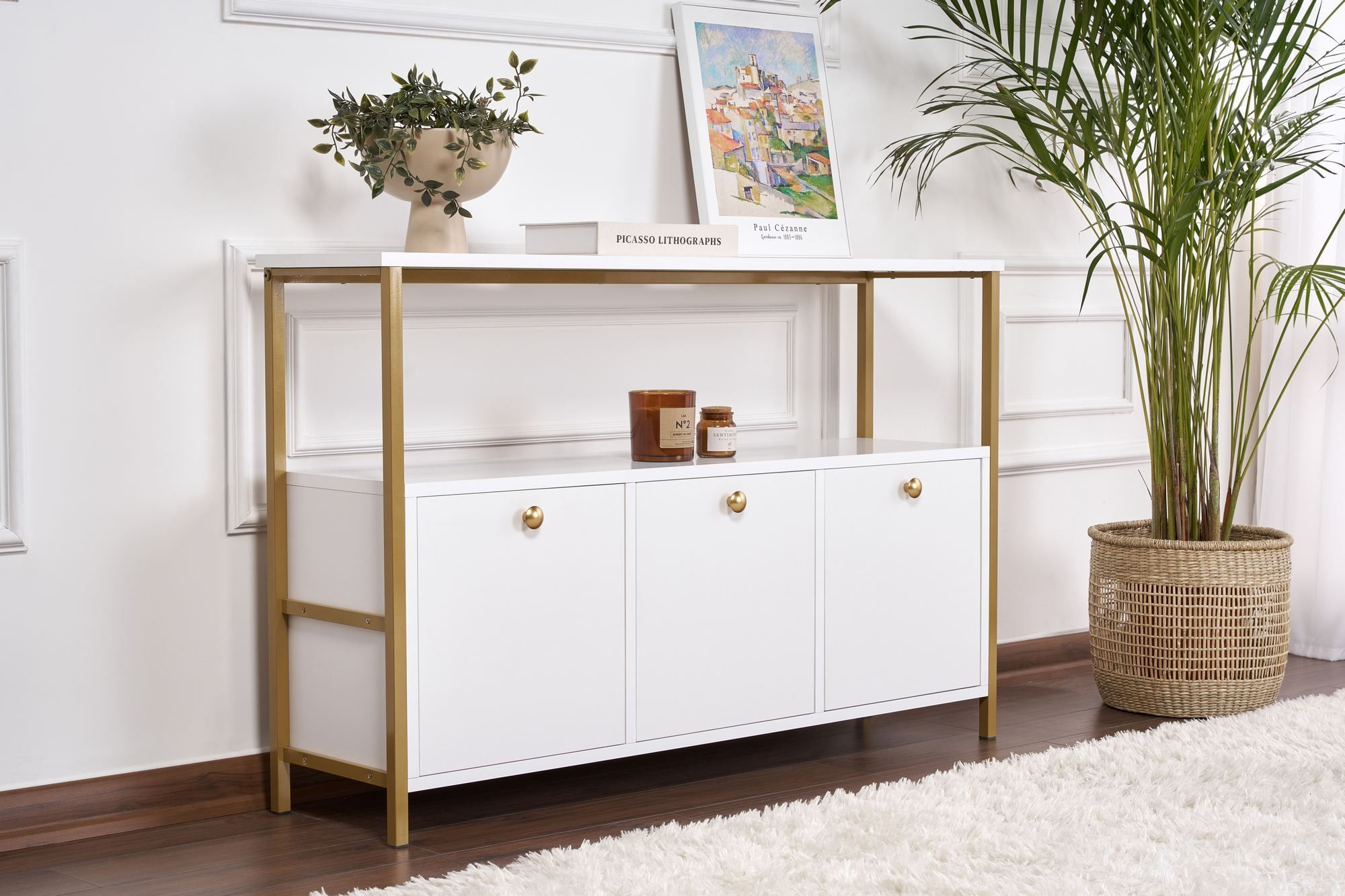 Consola Solace, 120 x 77 x 30 cm, alb auriu, PAL melaminat, alb / gold — imaginea 7