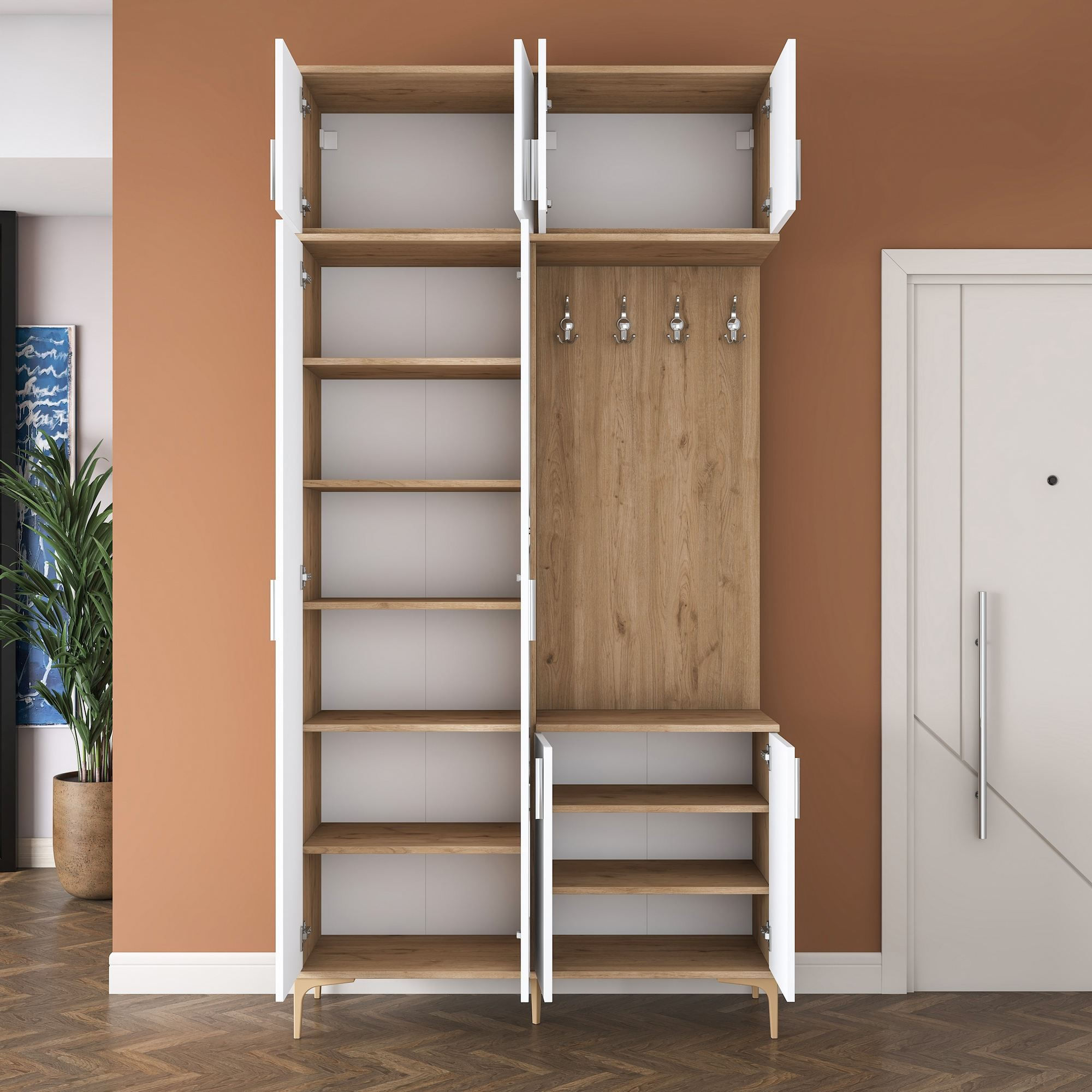 Cuier hol EA153, 120 x 240 x 37,5 cm, nuc alb, PAL, spatiu de depozitare, fixare pe perete — imaginea 4