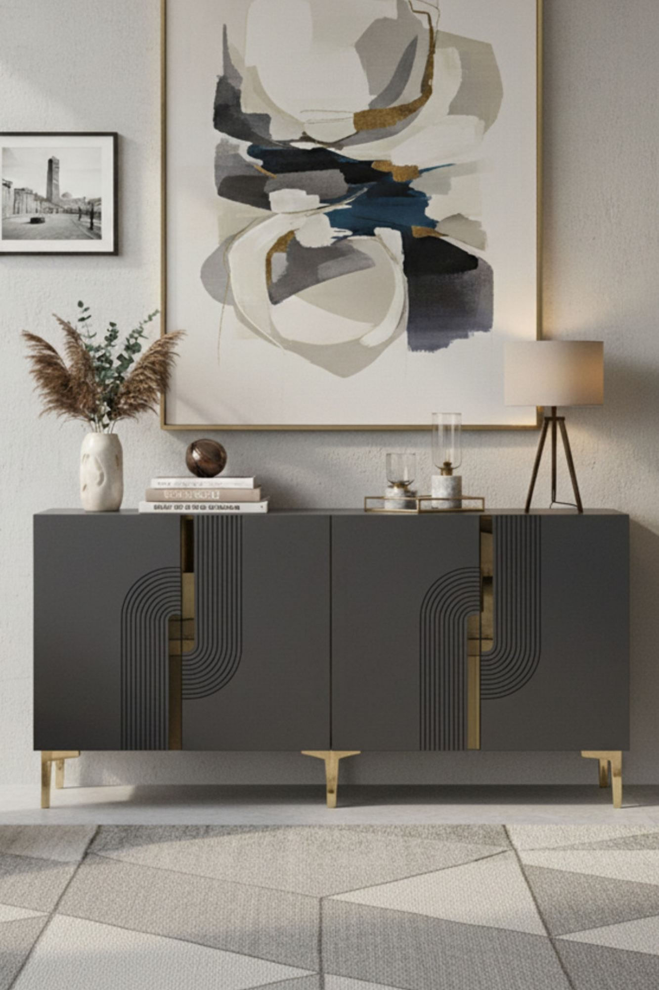 Consola Meyra 180, 180 x 75 x 32 cm, antracit auriu, PAL melaminat, oglinda inclusa, antracit / gold — imaginea 3