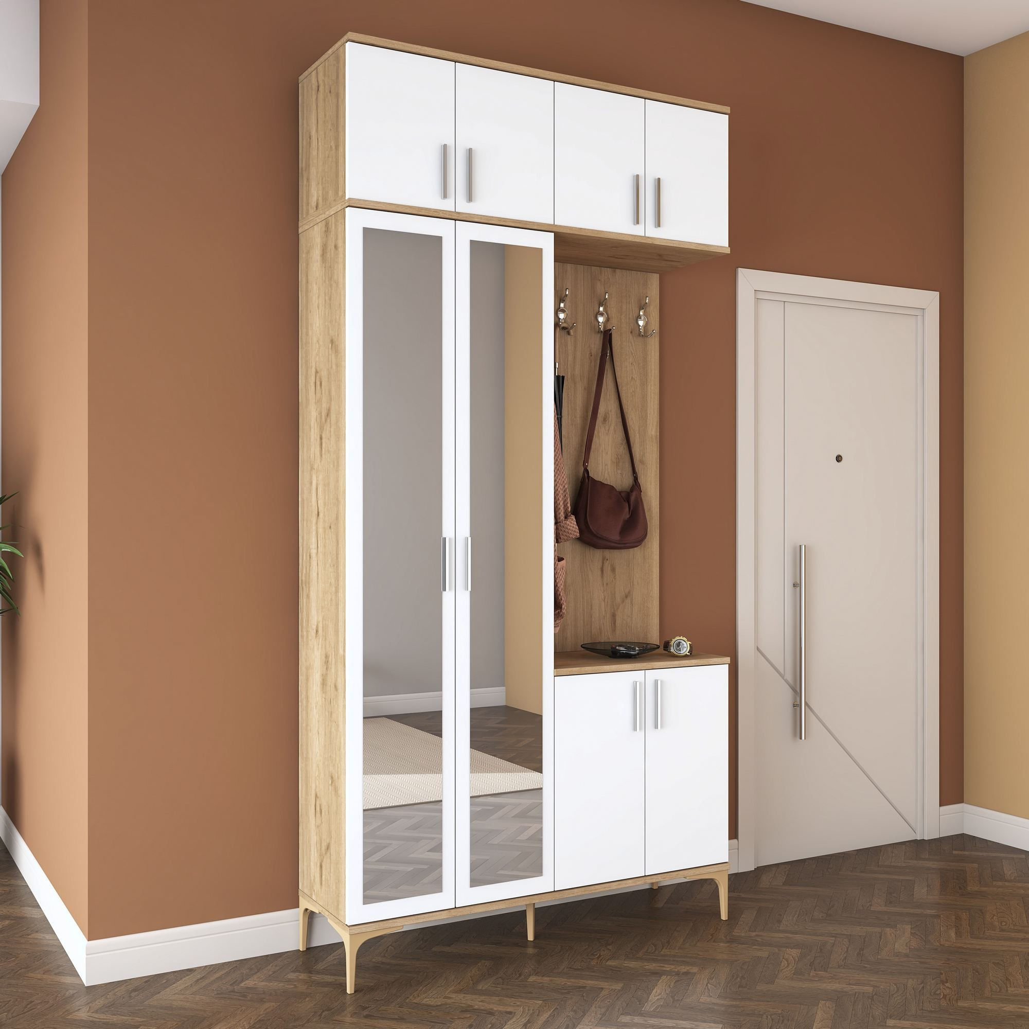 Cuier hol EA153, 120 x 240 x 37,5 cm, nuc alb, PAL, spatiu de depozitare, fixare pe perete — imaginea 5
