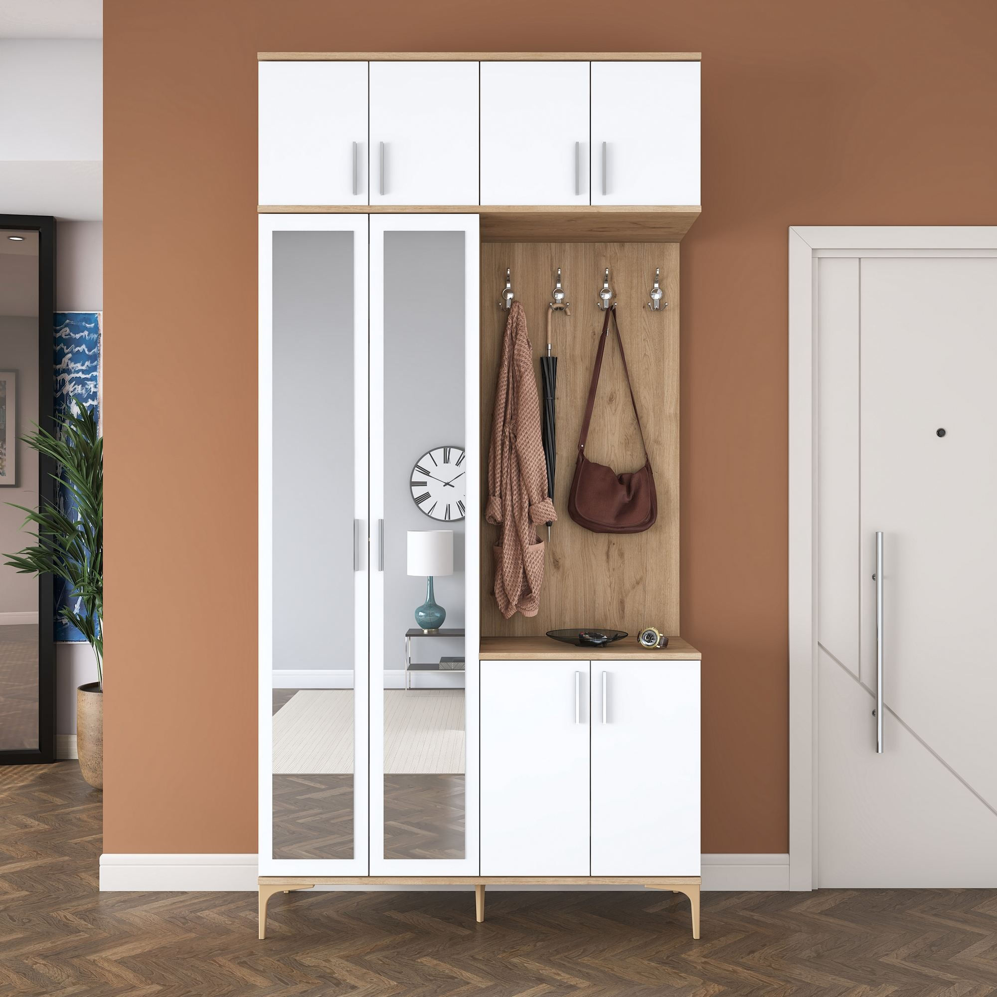 Cuier hol EA153, 120 x 240 x 37,5 cm, nuc alb, PAL, spatiu de depozitare, fixare pe perete — imaginea 6