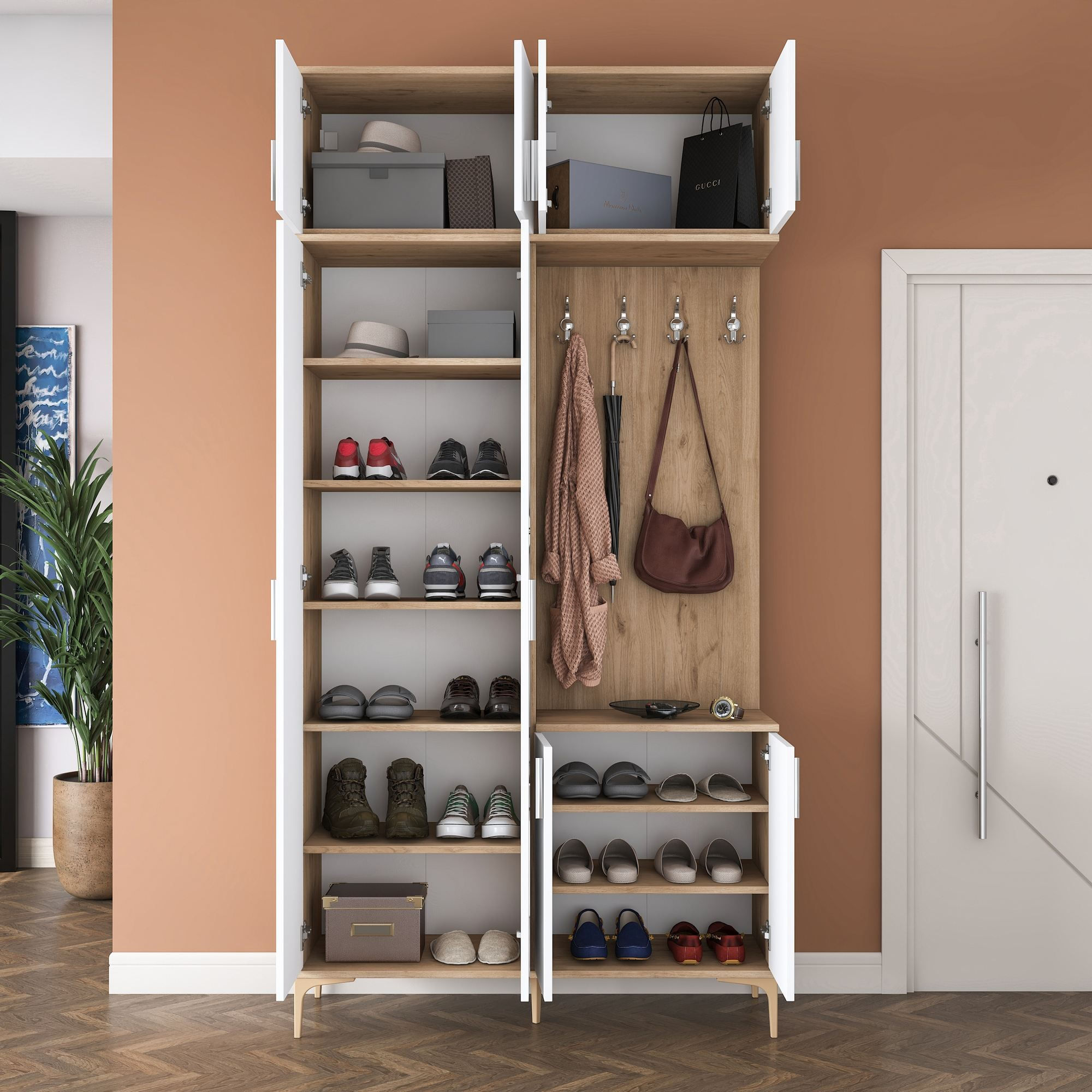 Cuier hol EA153, 120 x 240 x 37,5 cm, nuc alb, PAL, spatiu de depozitare, fixare pe perete — imaginea 7