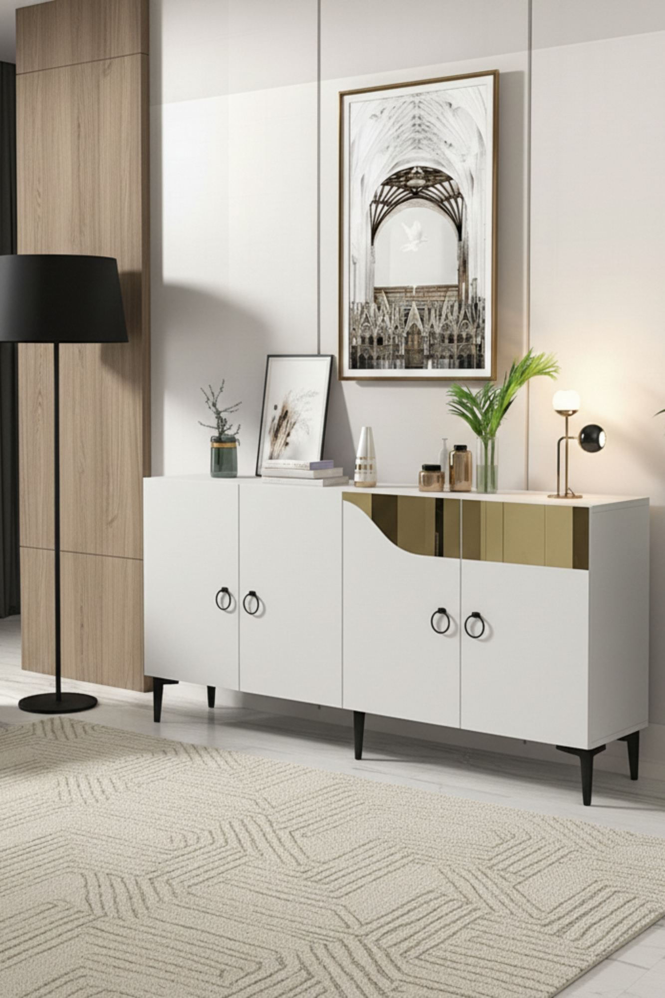 Consola Gama 150, 150 x 75 x 32 cm, alb auriu, PAL melaminat, spatiu de depozitare, fixare pe perete, alb / gold — imaginea 6