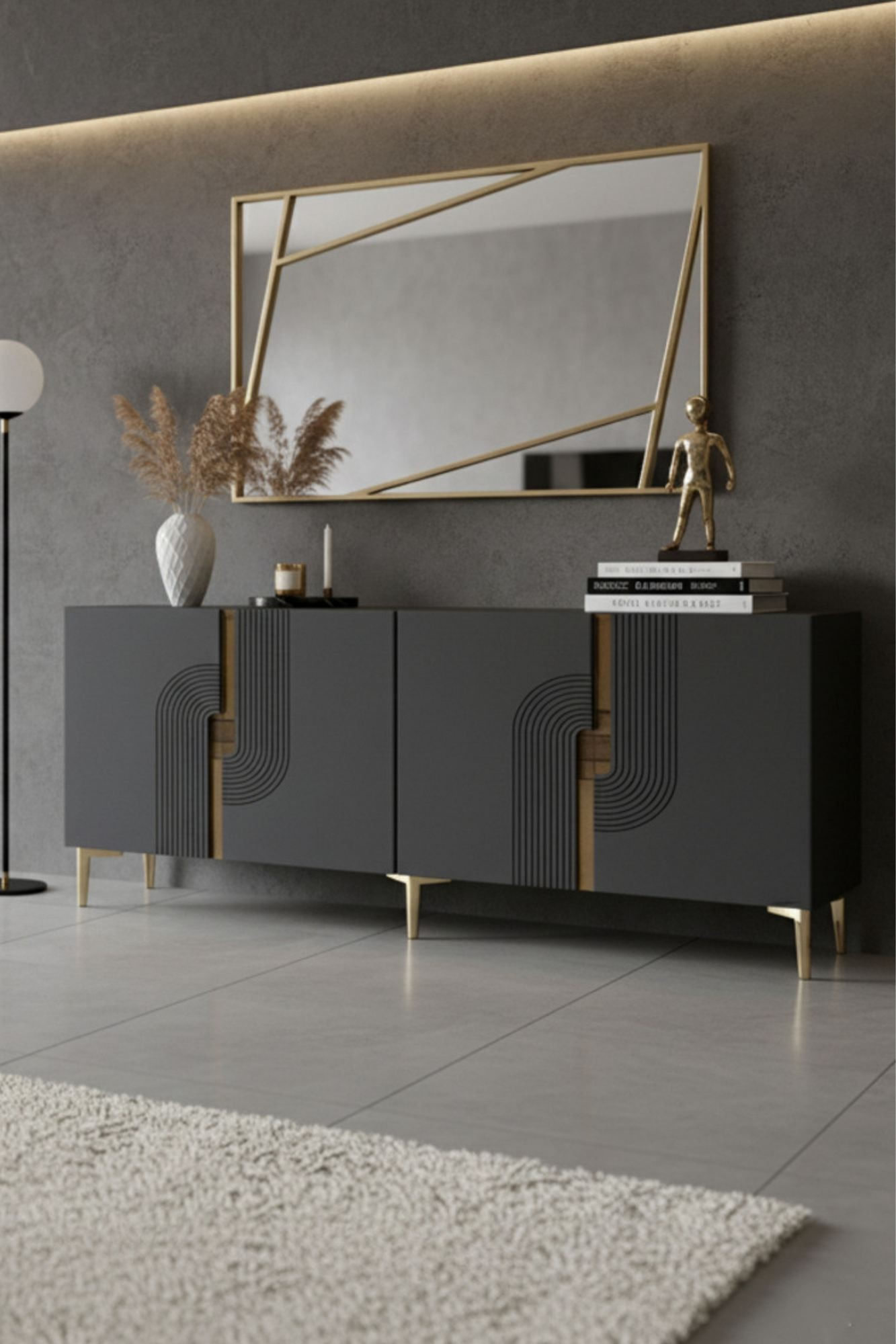 Consola Meyra 180, 180 x 75 x 32 cm, antracit auriu, PAL melaminat, oglinda inclusa, antracit / gold — imaginea 6