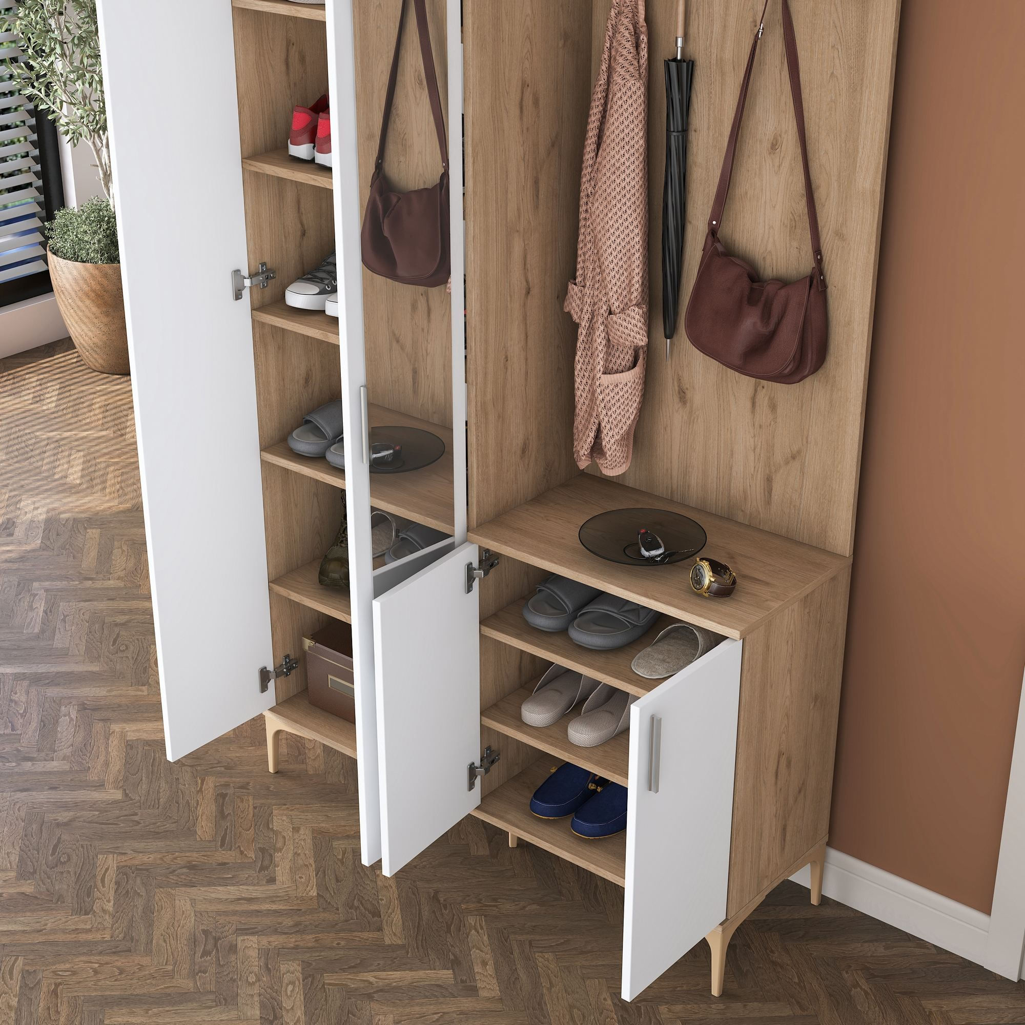 Cuier hol EA153, 120 x 240 x 37,5 cm, nuc alb, PAL, spatiu de depozitare, fixare pe perete — imaginea 9
