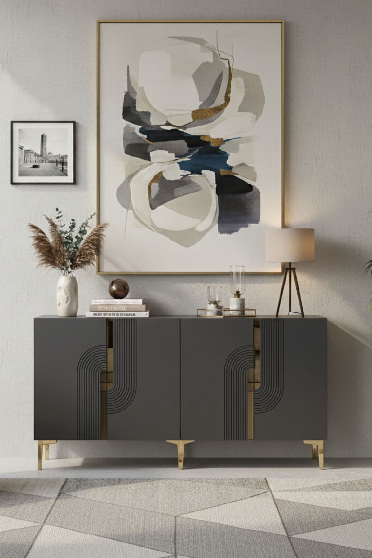 Consola Meyra 180, 180 x 75 x 32 cm, antracit auriu, PAL melaminat, oglinda inclusa, antracit / gold — imaginea 7