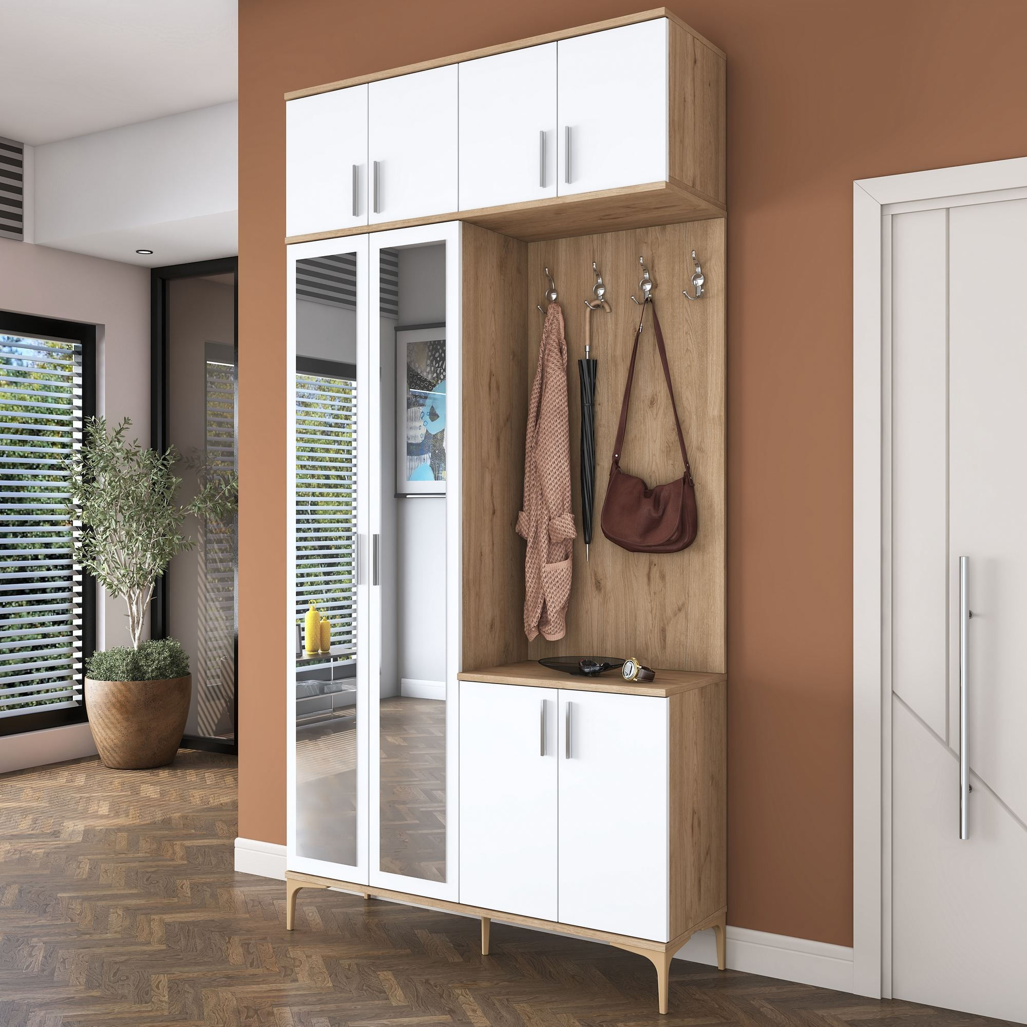 Cuier hol EA153, 120 x 240 x 37,5 cm, nuc alb, PAL, spatiu de depozitare, fixare pe perete — imaginea 11