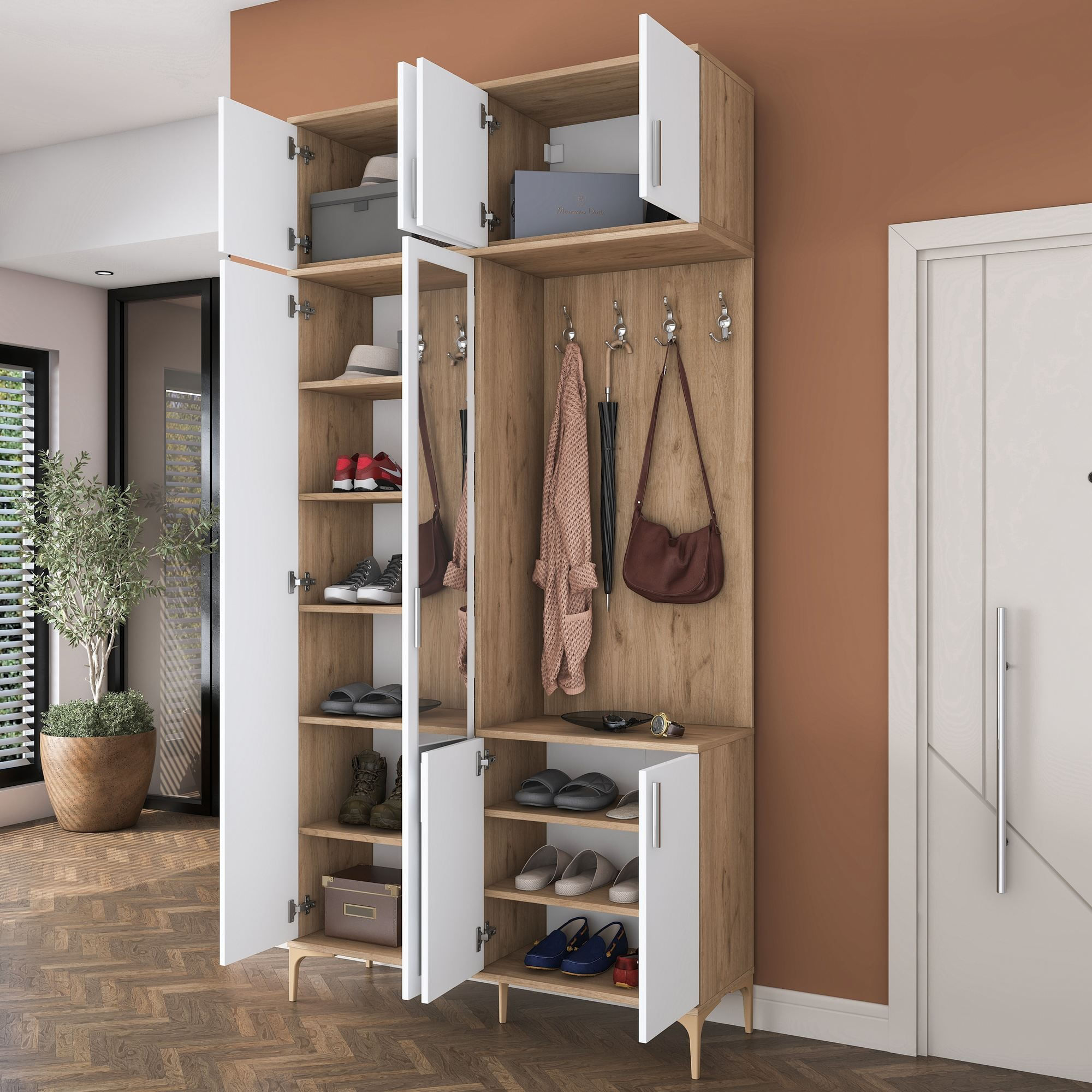 Cuier hol EA153, 120 x 240 x 37,5 cm, nuc alb, PAL, spatiu de depozitare, fixare pe perete — imaginea 12