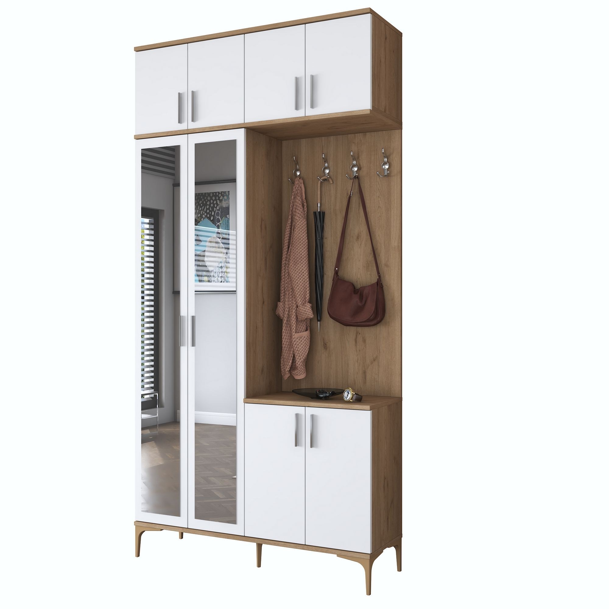 Cuier hol EA153, 120 x 240 x 37,5 cm, nuc alb, PAL, spatiu de depozitare, fixare pe perete — imaginea 13