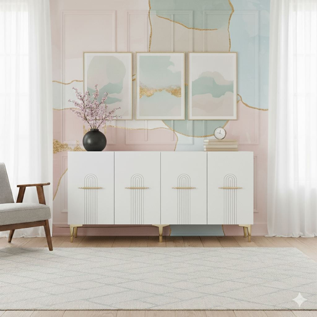 Consola Ida 150, 150 x 75 x 32 cm, alb auriu, PAL melaminat, spatiu de depozitare, fixare pe perete, alb / gold