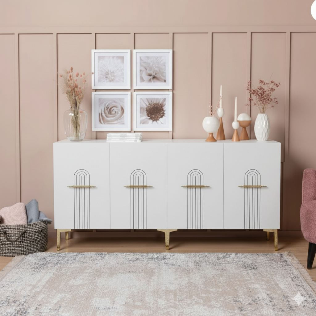 Consola Ida 150, 150 x 75 x 32 cm, alb auriu, PAL melaminat, spatiu de depozitare, fixare pe perete, alb / gold — imaginea 3