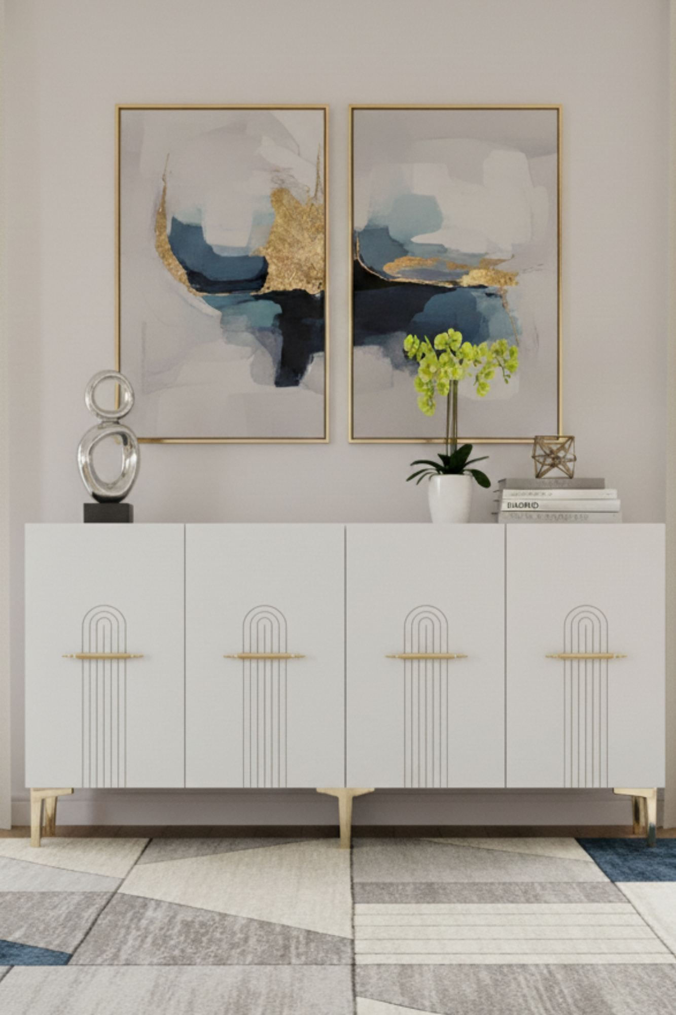Consola Ida 150, 150 x 75 x 32 cm, alb auriu, PAL melaminat, spatiu de depozitare, fixare pe perete, alb / gold — imaginea 7