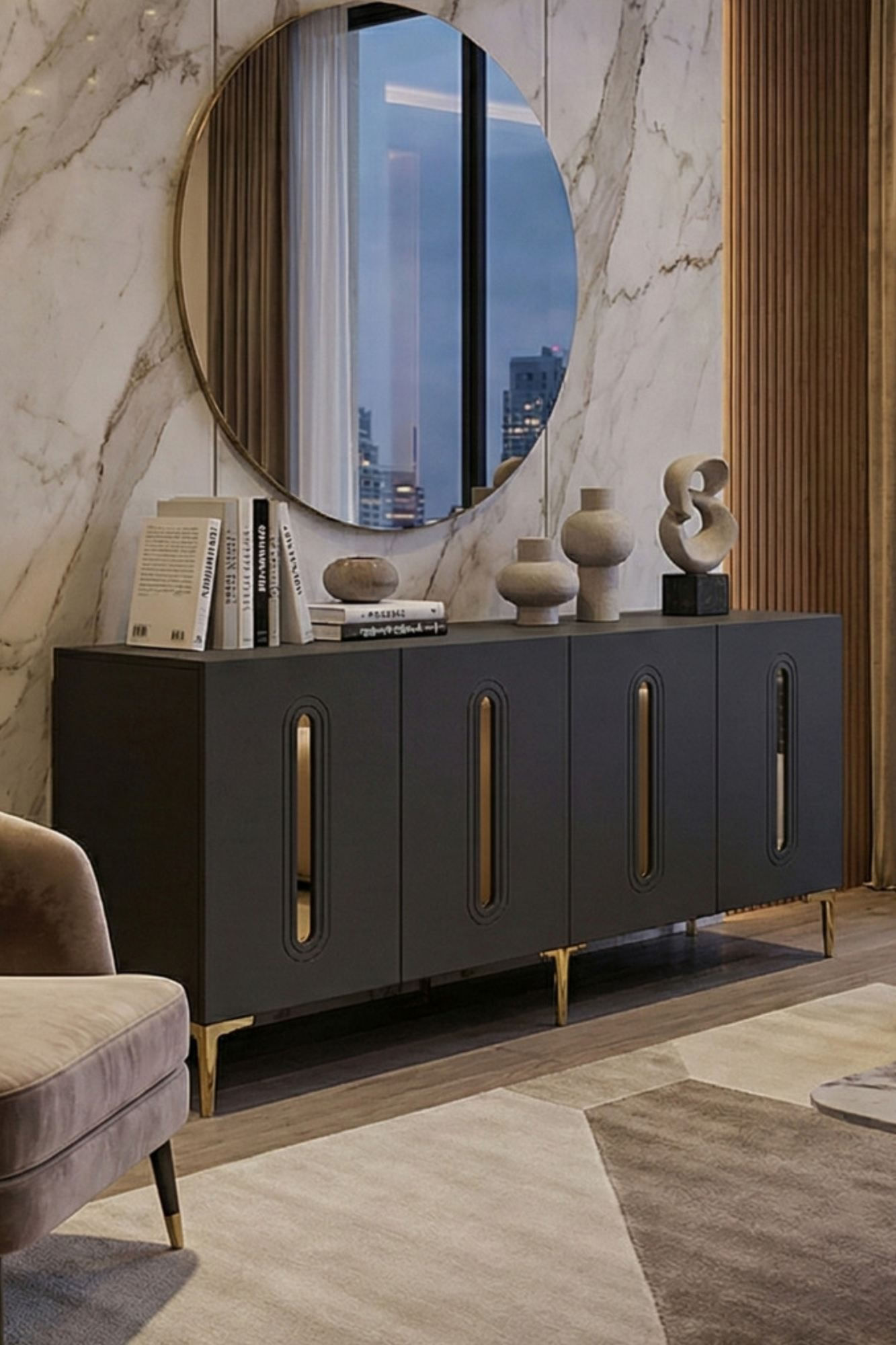 Consola Rany 180, 180 x 75 x 32 cm, antracit auriu, PAL melaminat, oglinda inclusa, antracit / gold — imaginea 2
