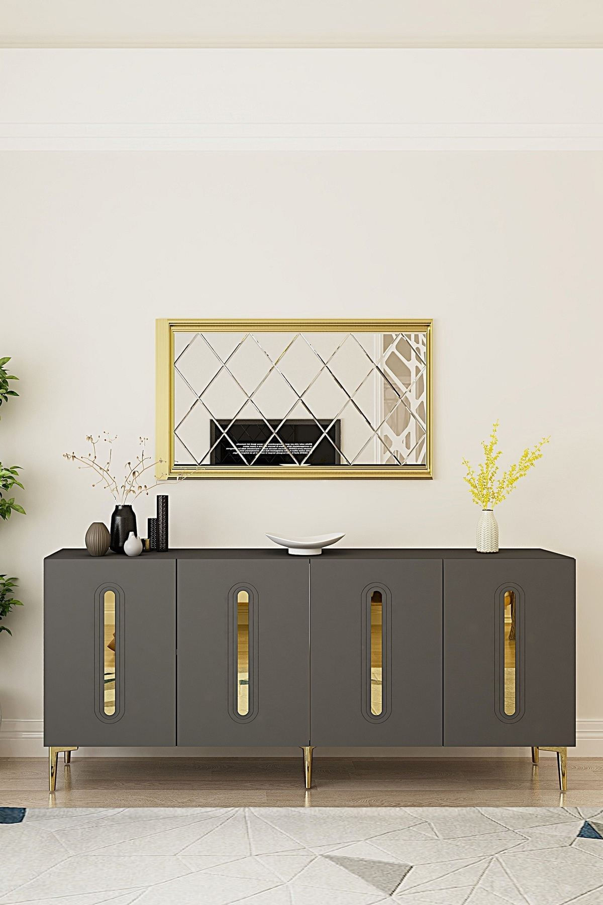 Consola Rany 180, 180 x 75 x 32 cm, antracit auriu, PAL melaminat, oglinda inclusa, antracit / gold — imaginea 3