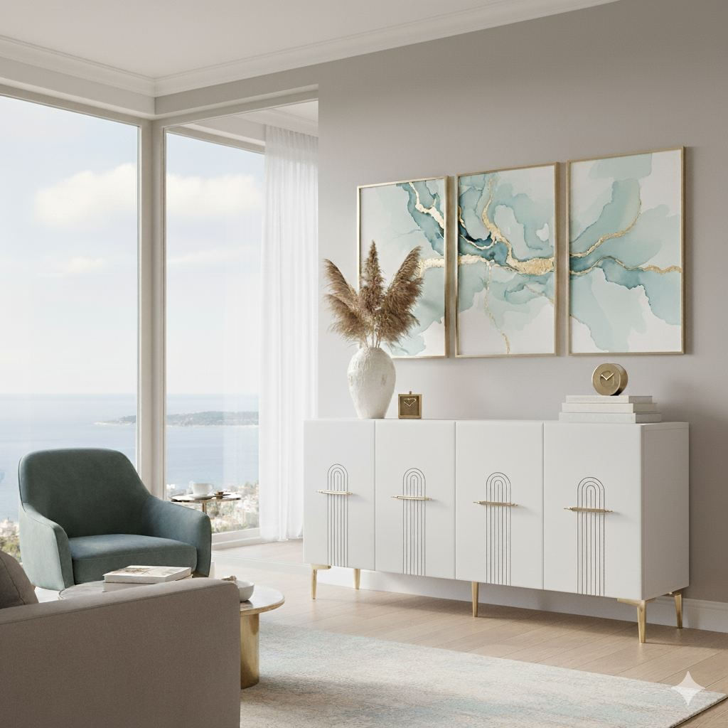 Consola Ida 150, 150 x 75 x 32 cm, alb auriu, PAL melaminat, spatiu de depozitare, fixare pe perete, alb / gold — imaginea 8
