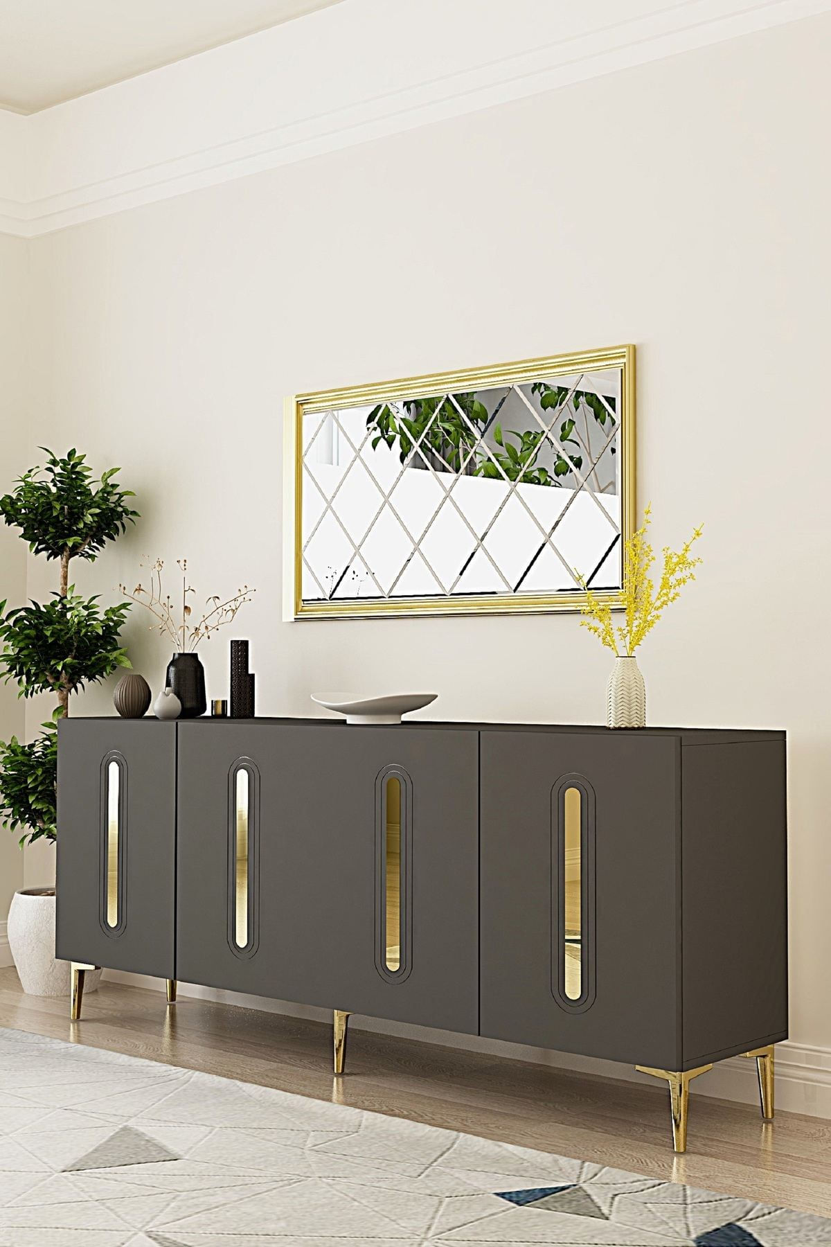 Consola Rany 180, 180 x 75 x 32 cm, antracit auriu, PAL melaminat, oglinda inclusa, antracit / gold — imaginea 6