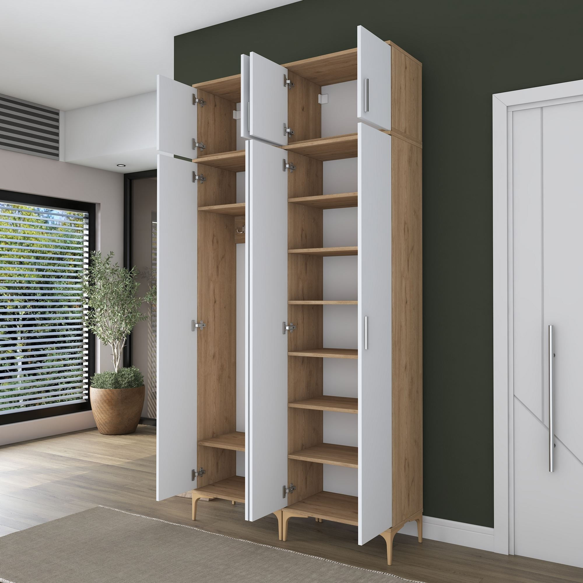 Cuier hol EA161, 120 x 240 x 37,5 cm, nuc alb, PAL, spatiu de depozitare, fixare pe perete — imaginea 2