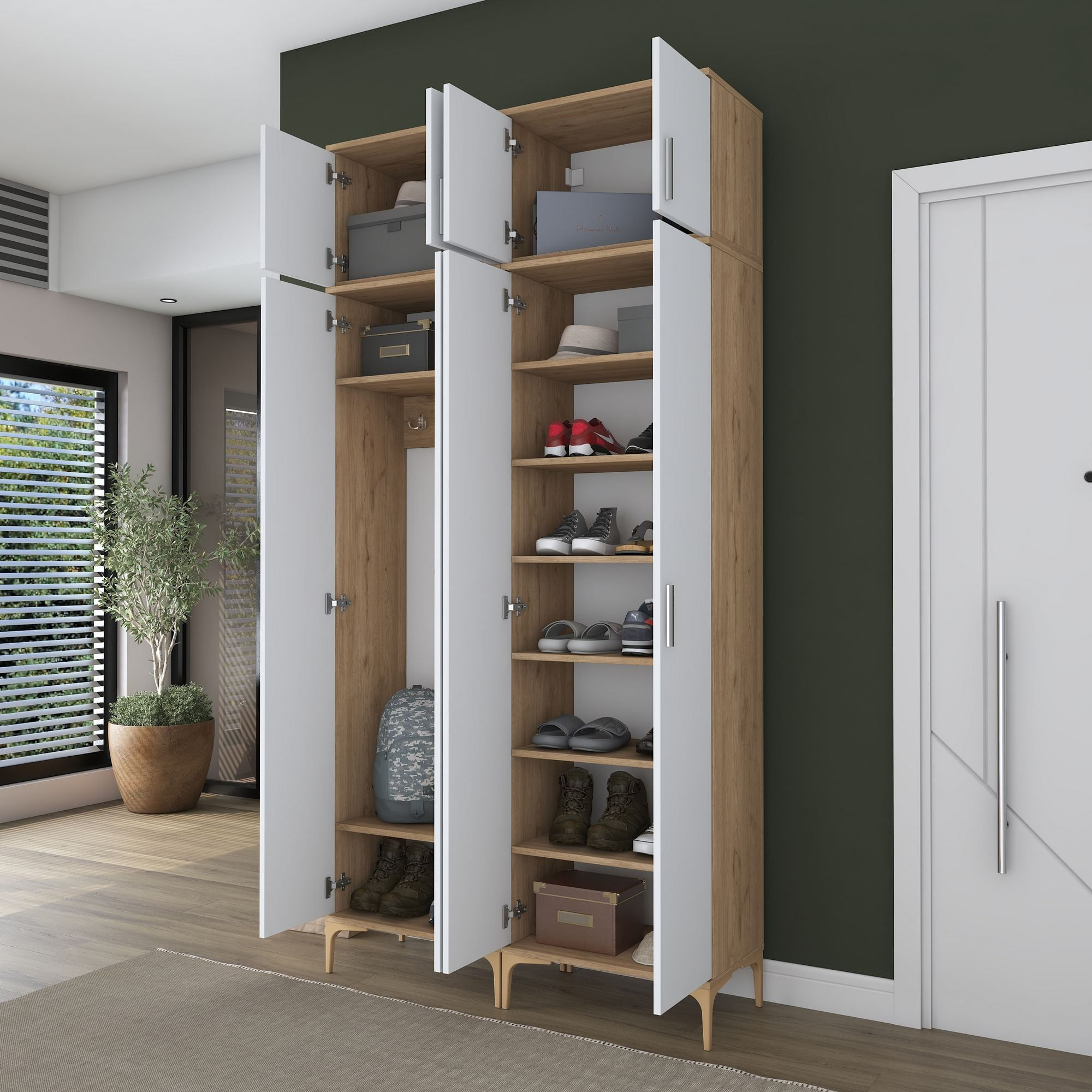Cuier hol EA161, 120 x 240 x 37,5 cm, nuc alb, PAL, spatiu de depozitare, fixare pe perete — imaginea 8