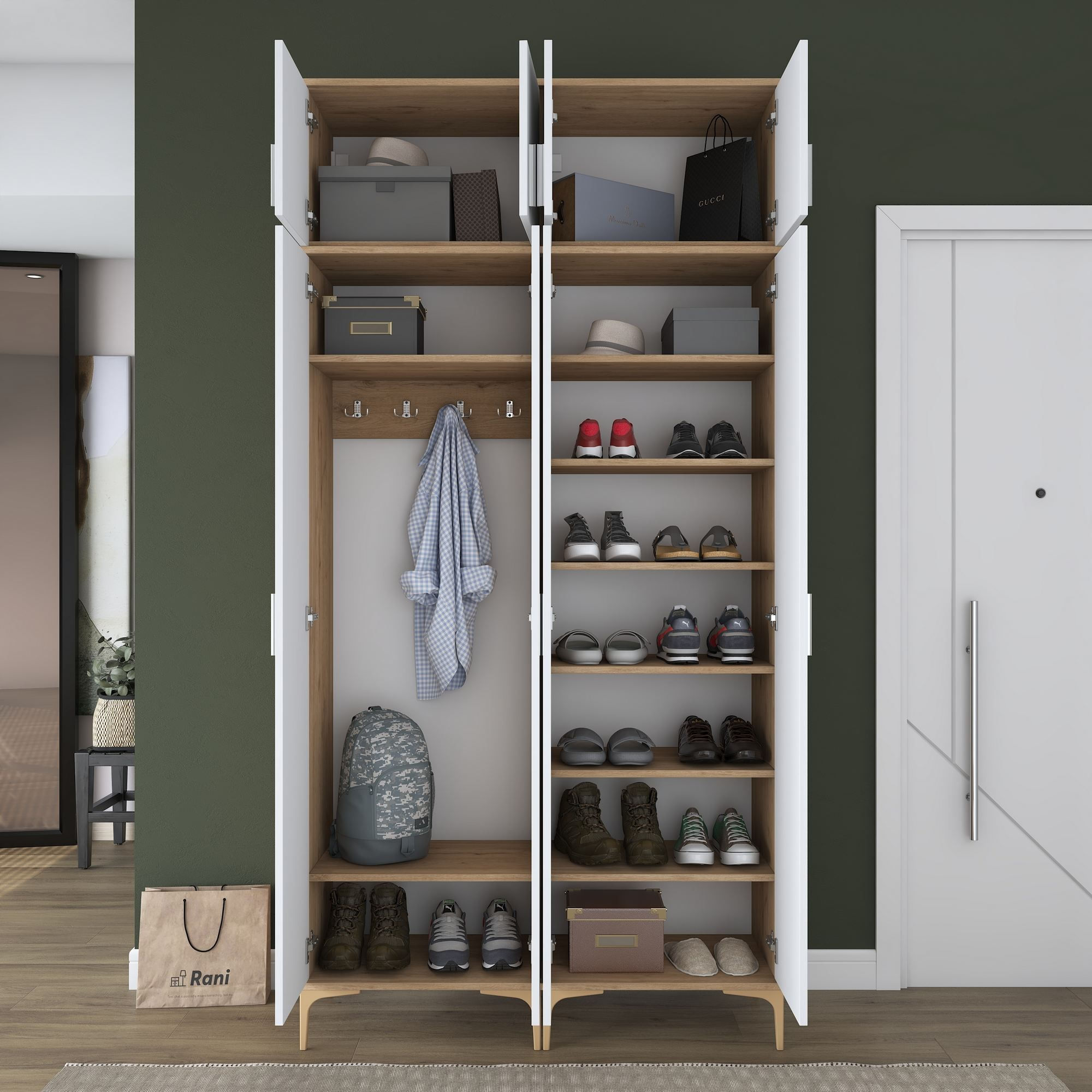Cuier hol EA161, 120 x 240 x 37,5 cm, nuc alb, PAL, spatiu de depozitare, fixare pe perete — imaginea 13
