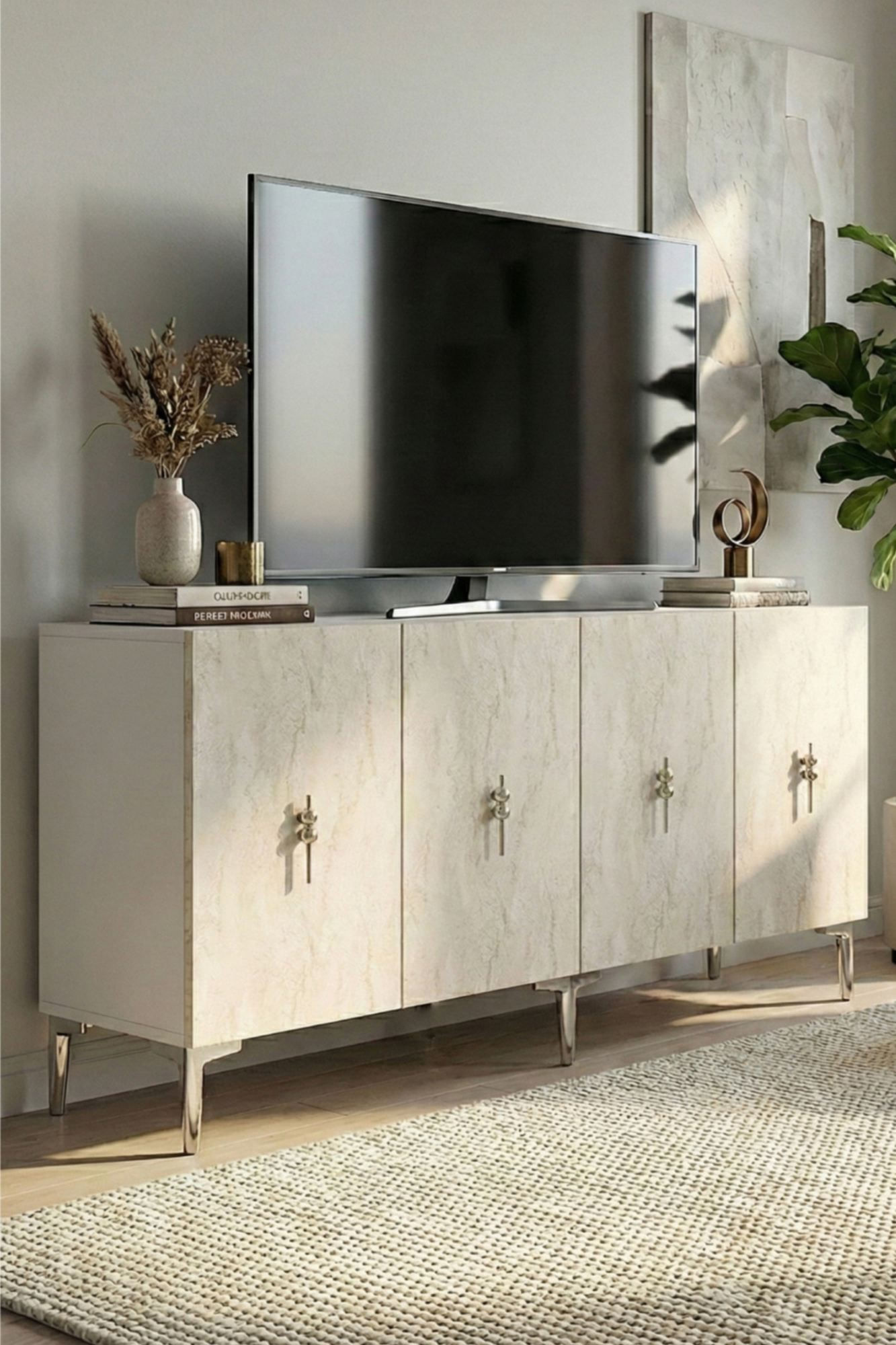 Consola Salkım 150, 125 x 75 x 32 cm, alb travertin argintiu, PAL melaminat, alb / travertin / silver — imaginea 2