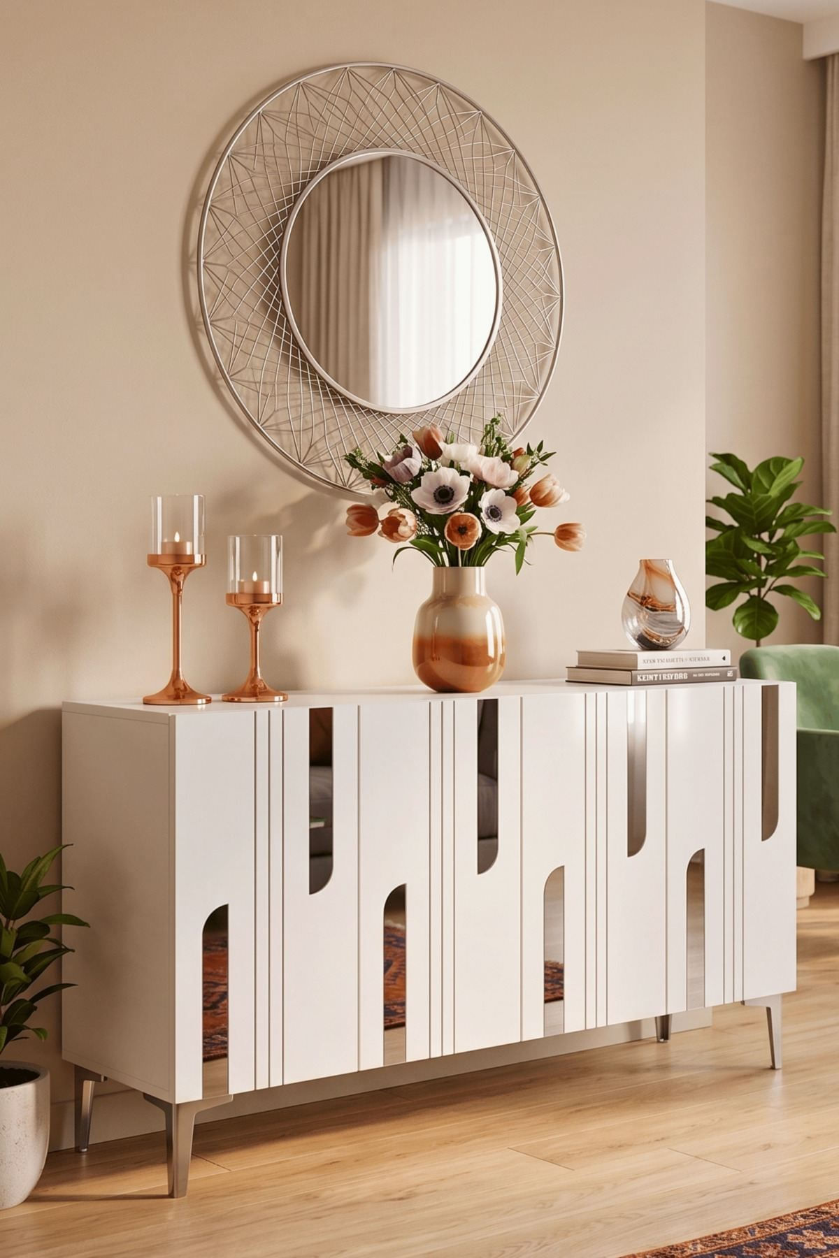Consola Nota 120, 120 x 75 x 32 cm, alb argintiu, PAL melaminat, oglinda inclusa, alb / silver — imaginea 2