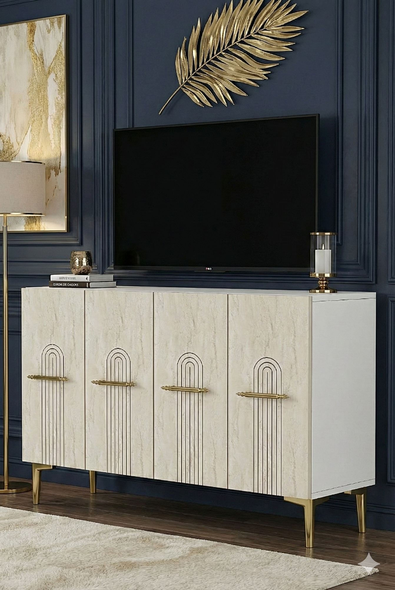 Consola Ida 120, 120 x 79 x 32 cm, alb travertin auriu, PAL melaminat, spatiu de depozitare, fixare pe perete, alb / travertin / gold — imaginea 6