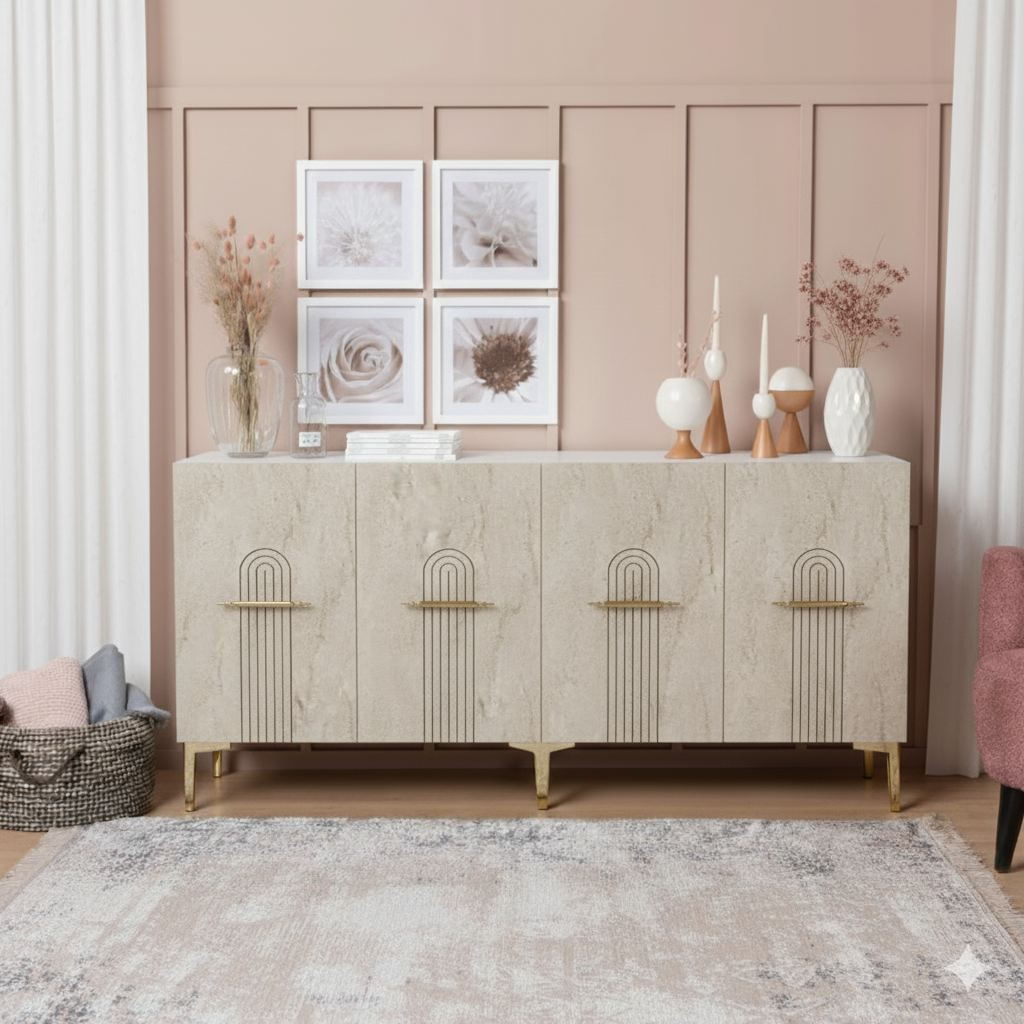 Consola Ida 150, 150 x 75 x 32 cm, alb travertin auriu, PAL melaminat, spatiu de depozitare, fixare pe perete, alb / travertin / gold — imaginea 2