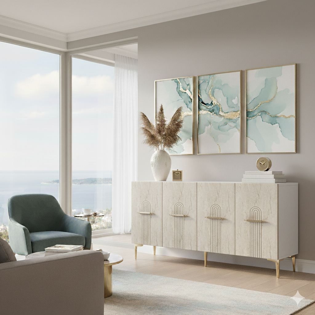 Consola Ida 150, 150 x 75 x 32 cm, alb travertin auriu, PAL melaminat, spatiu de depozitare, fixare pe perete, alb / travertin / gold — imaginea 3