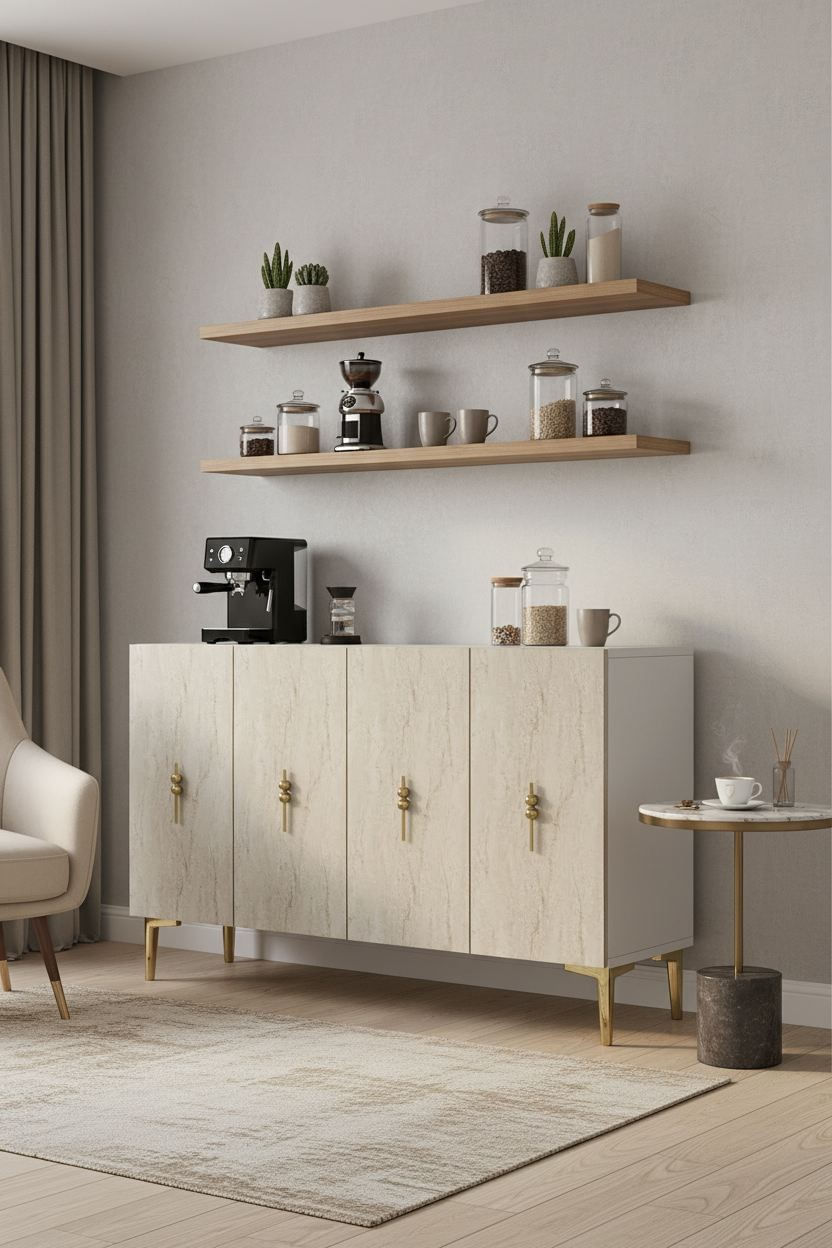 Consola Salkım 120, 120 x 79 x 32 cm, alb travertin auriu, PAL melaminat, spatiu de depozitare, fixare pe perete, alb / travertin / gold — imaginea 2