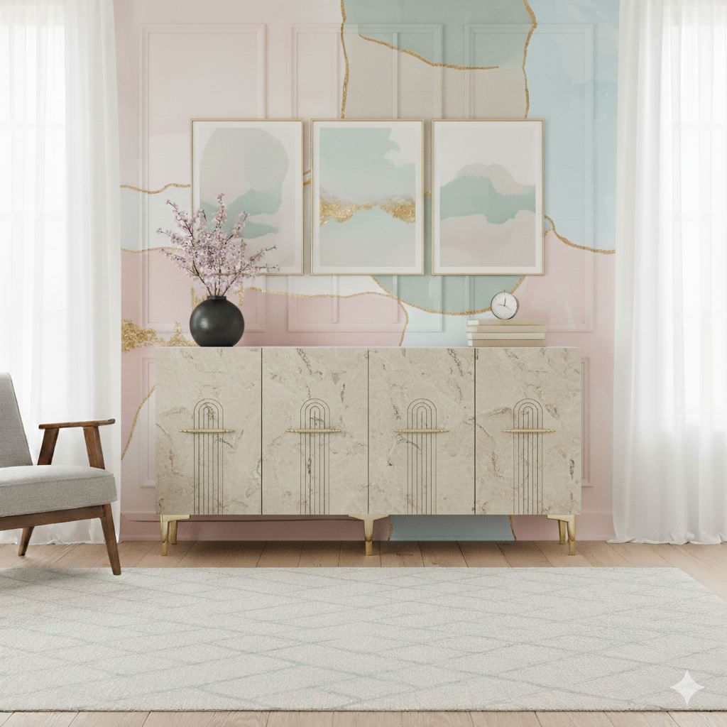 Consola Ida 150, 150 x 75 x 32 cm, alb travertin auriu, PAL melaminat, spatiu de depozitare, fixare pe perete, alb / travertin / gold — imaginea 6