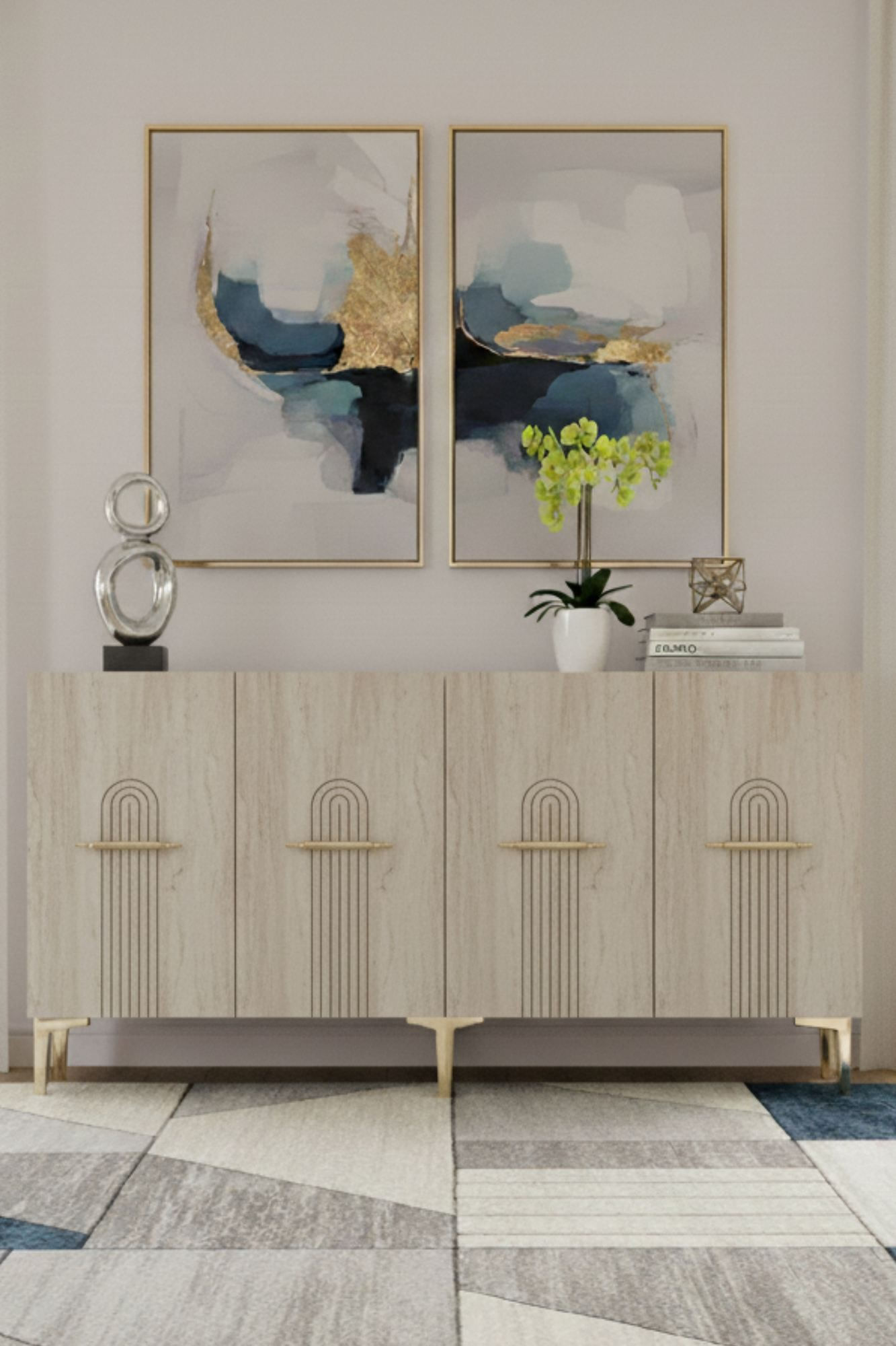 Consola Ida 150, 150 x 75 x 32 cm, alb travertin auriu, PAL melaminat, spatiu de depozitare, fixare pe perete, alb / travertin / gold — imaginea 7